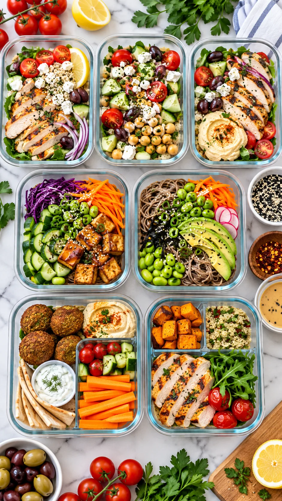 A vibrant flat-lay photography shot of colourful meal prep glass containers on a bright kitchen counter, filled with fresh Mediterranean salads, soba noodle bowls, and crunchy bento lunch boxes ready for the workweek