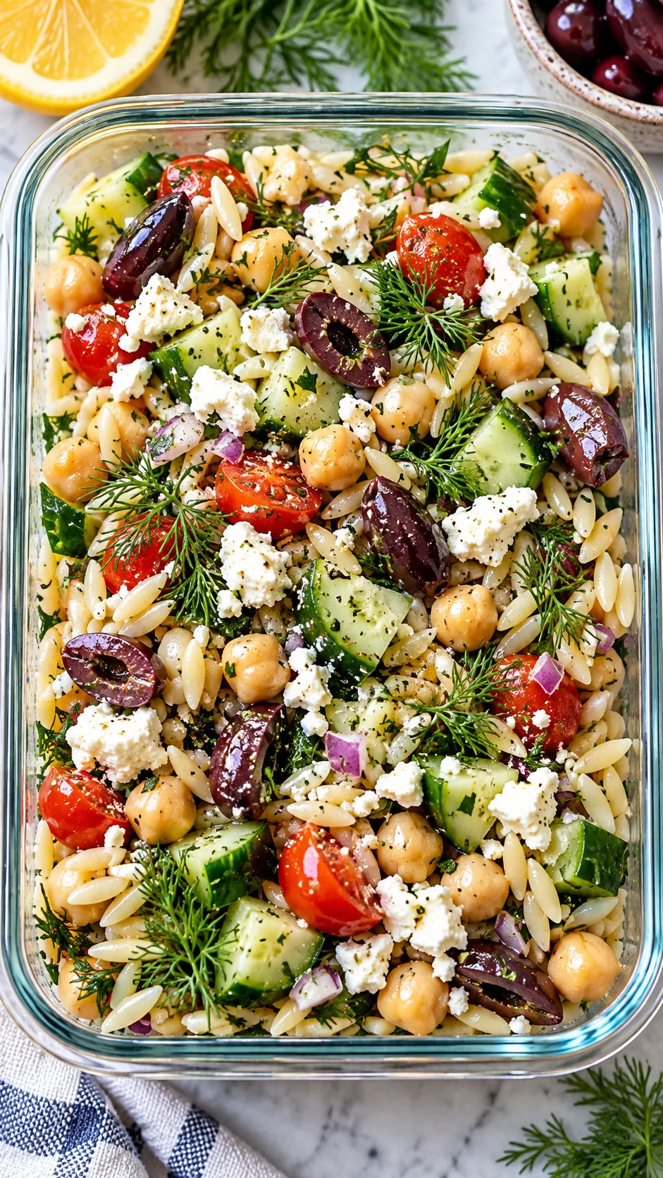 A close-up overhead shot of a vibrant Mediterranean chickpea and orzo salad in a glass meal prep container, garnished with fresh dill, kalamata olives, diced cucumbers, and crumbled feta cheese