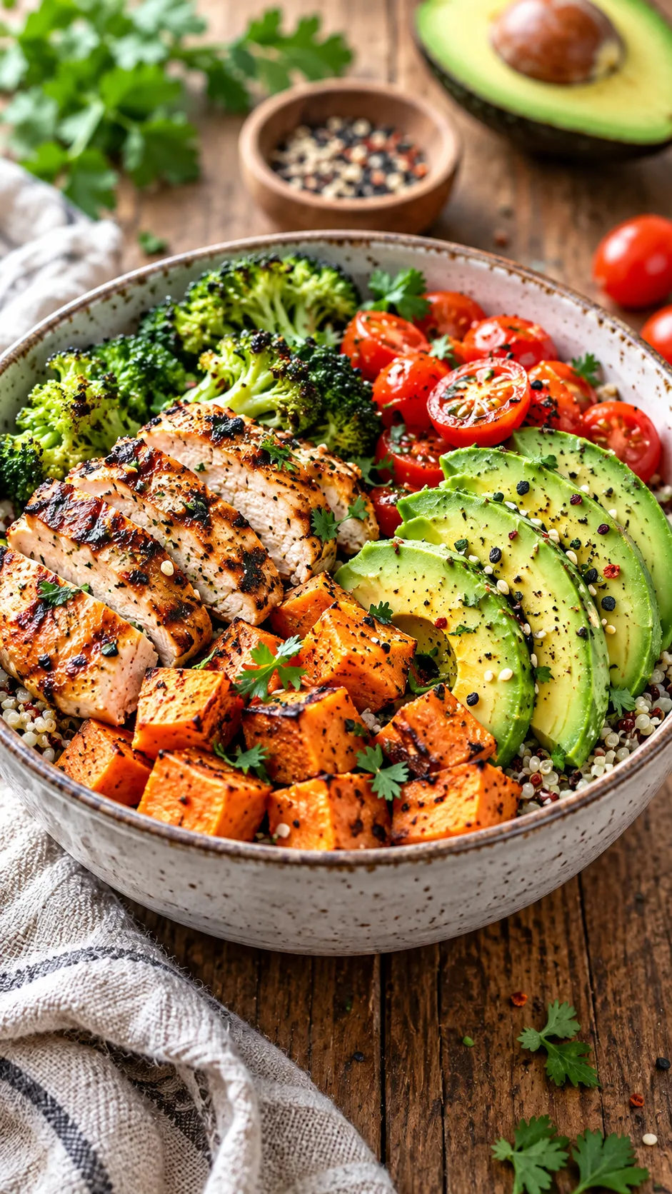 The Diet for Weight Losing That Actually Works (No Starving Required) 1 A vibrant, overflowing dinner bowl filled with grilled chicken, roasted sweet potato cubes, steamed broccoli, avocado slices, and cherry tomatoes, shot in bright natural light from a 45-degree angle on a rustic wooden table.