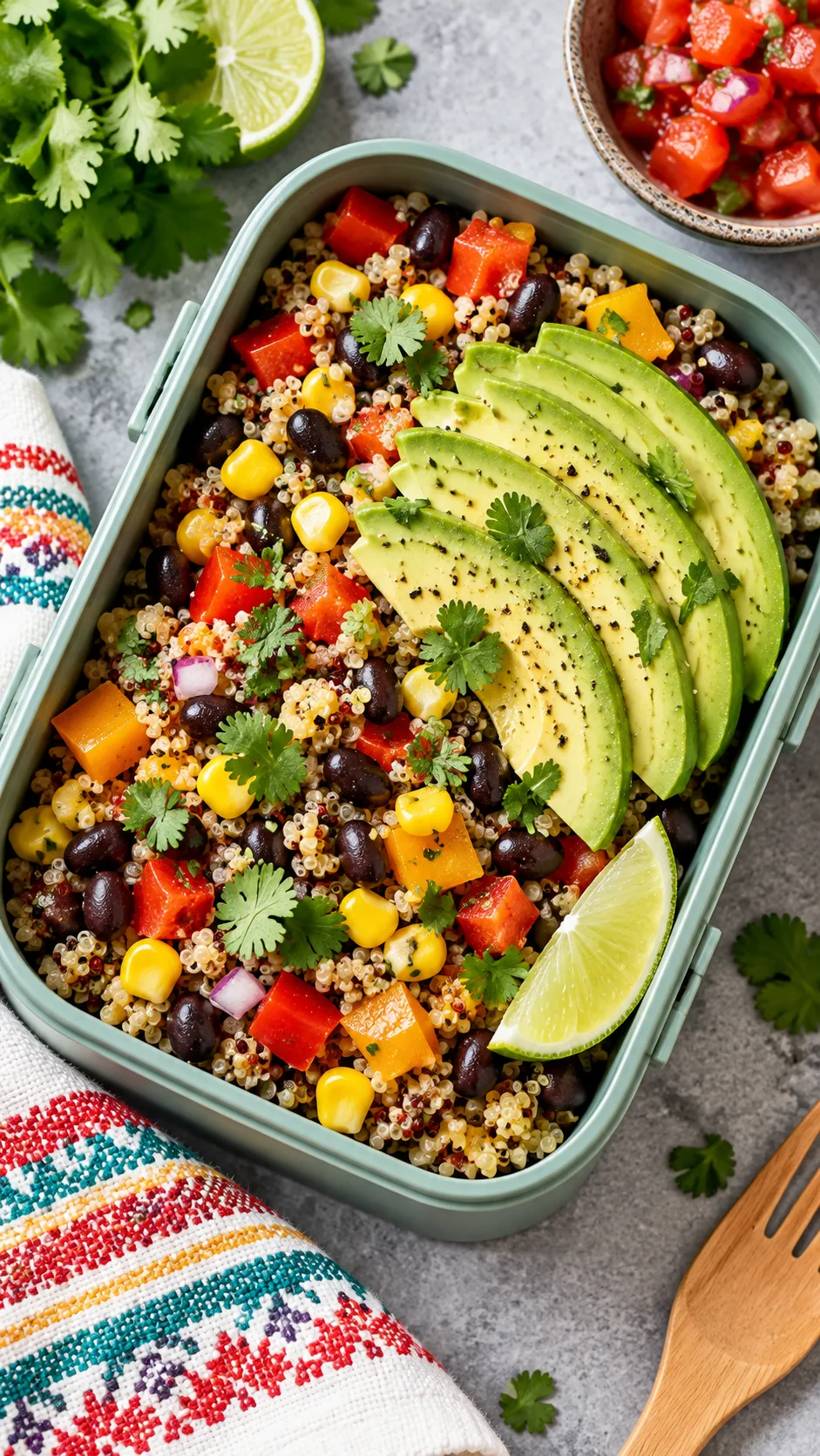 A high-angle view of a colorful Mexican-inspired quinoa bowl with black beans, corn, diced bell peppers, cilantro, and sliced avocado arranged neatly in a modern lunch box