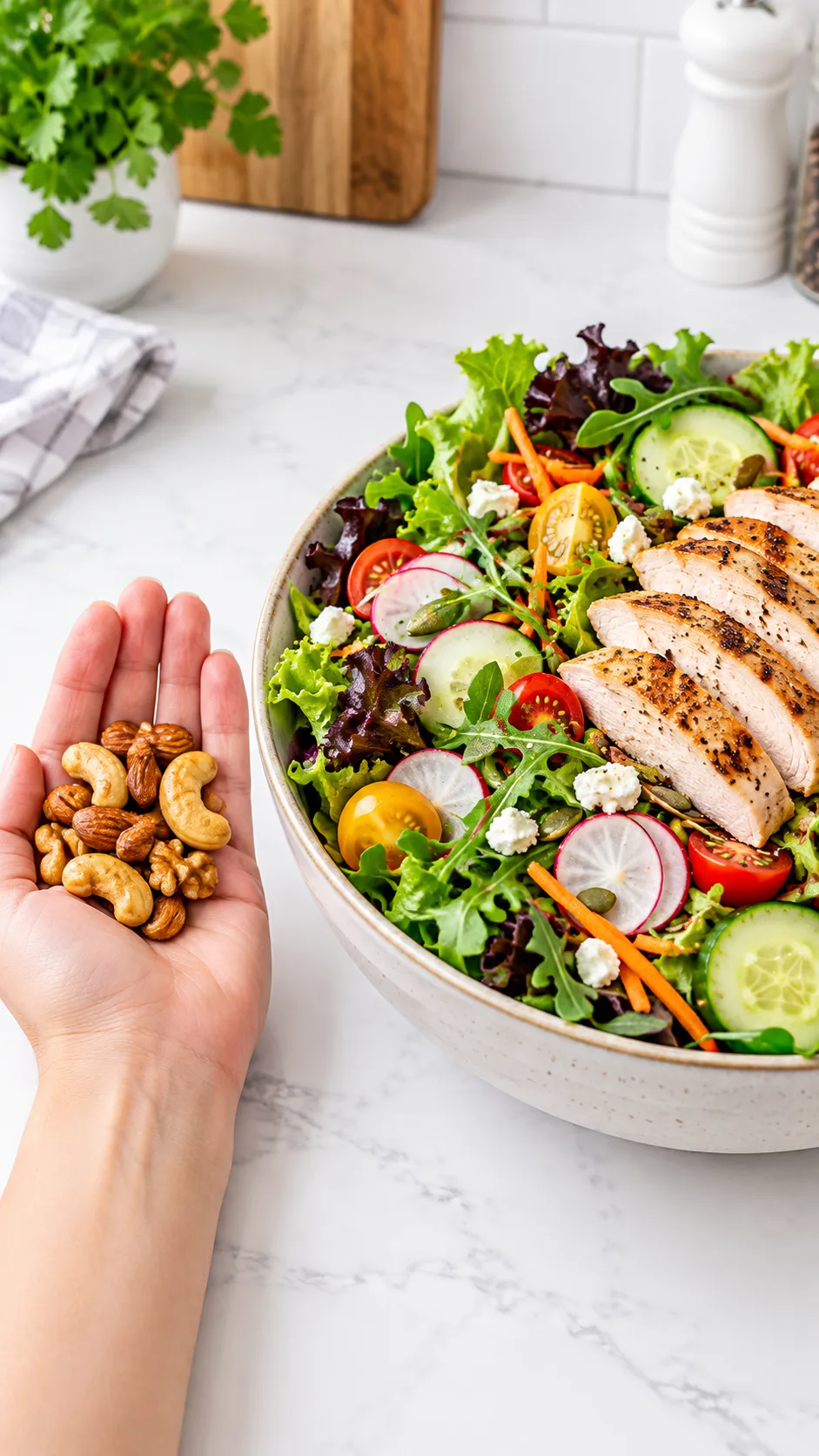 The Diet for Weight Losing That Actually Works (No Starving Required) 2 A side-by-side visual comparison on a clean white countertop: one small handheld handful of oil-roasted nuts next to a massive, colorful salad bowl filled with mixed greens, cucumbers, radishes, and grilled turkey breast.