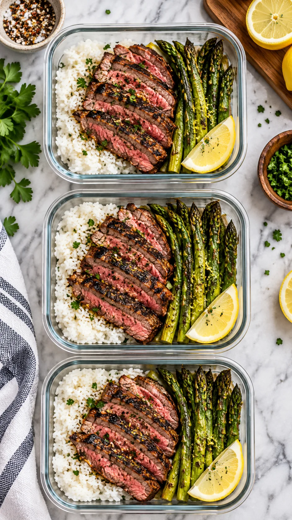 The Diet for Weight Losing That Actually Works (No Starving Required) 3 A flat-lay food photography composition showing meal prep containers loaded with steamed jasmine rice, roasted asparagus, grilled flank steak slices, and a lemon wedge.