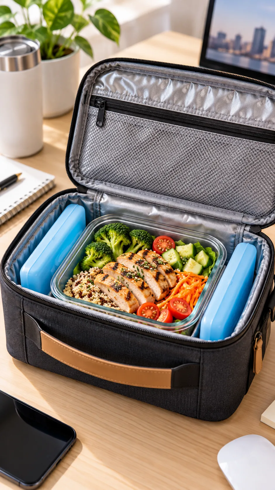 A sleek, modern insulated lunch bag open on an office desk, showing two thin blue freeze packs flanking a glass bento container filled with healthy food