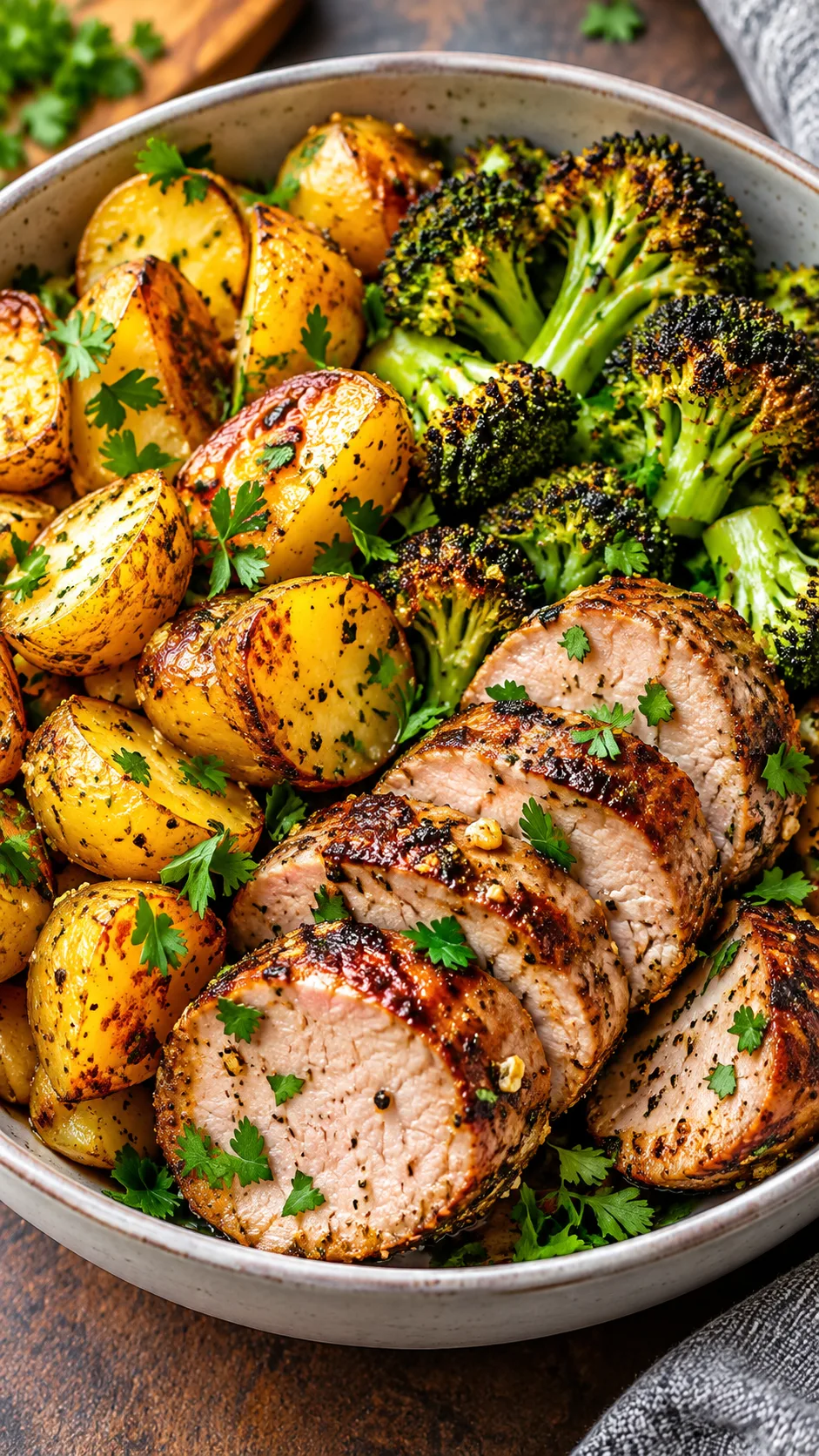 The Diet for Weight Losing That Actually Works (No Starving Required) 4 Close-up overhead shot of a freshly cooked bowl with golden roasted potatoes, crispy charred broccoli florets, and tender roasted pork medallions garnished with fresh parsley.