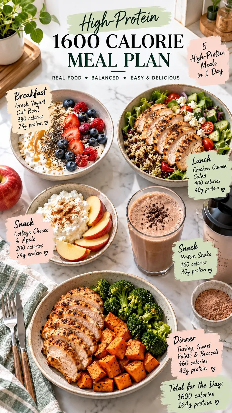 Bright natural-light food photography of a high-protein 1600 calorie meal plan arranged across one day: Greek yogurt oat bowl with berries, chicken quinoa salad, cottage cheese and apple snack, protein shake, turkey sweet potato broccoli dinner, realistic home kitchen setting, overhead composition