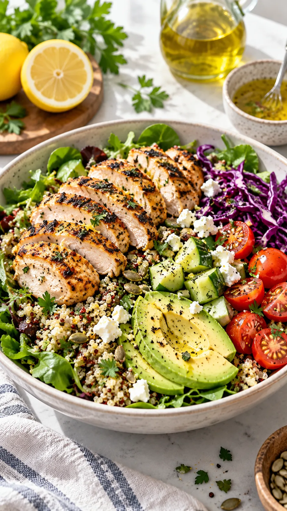 Editorial food photography of a high-protein chicken quinoa crunch salad in a wide ceramic bowl, sliced grilled chicken, quinoa, avocado, cucumber, cherry tomatoes, shredded red cabbage, leafy greens and lemon olive oil dressing, bright daylight, realistic meal prep style