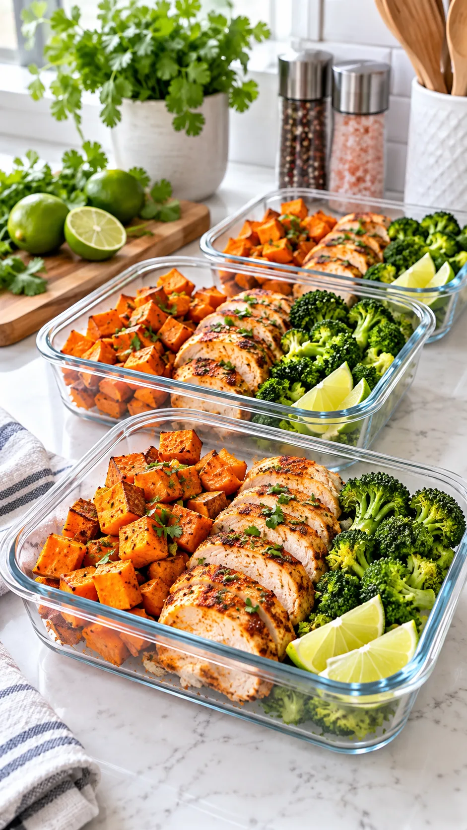 A bright kitchen counter featuring neatly organized glass meal prep containers filled with colorful gluten-free meals: roasted sweet potatoes, spiced chicken breast, vibrant steamed broccoli, and fresh lime wedges.