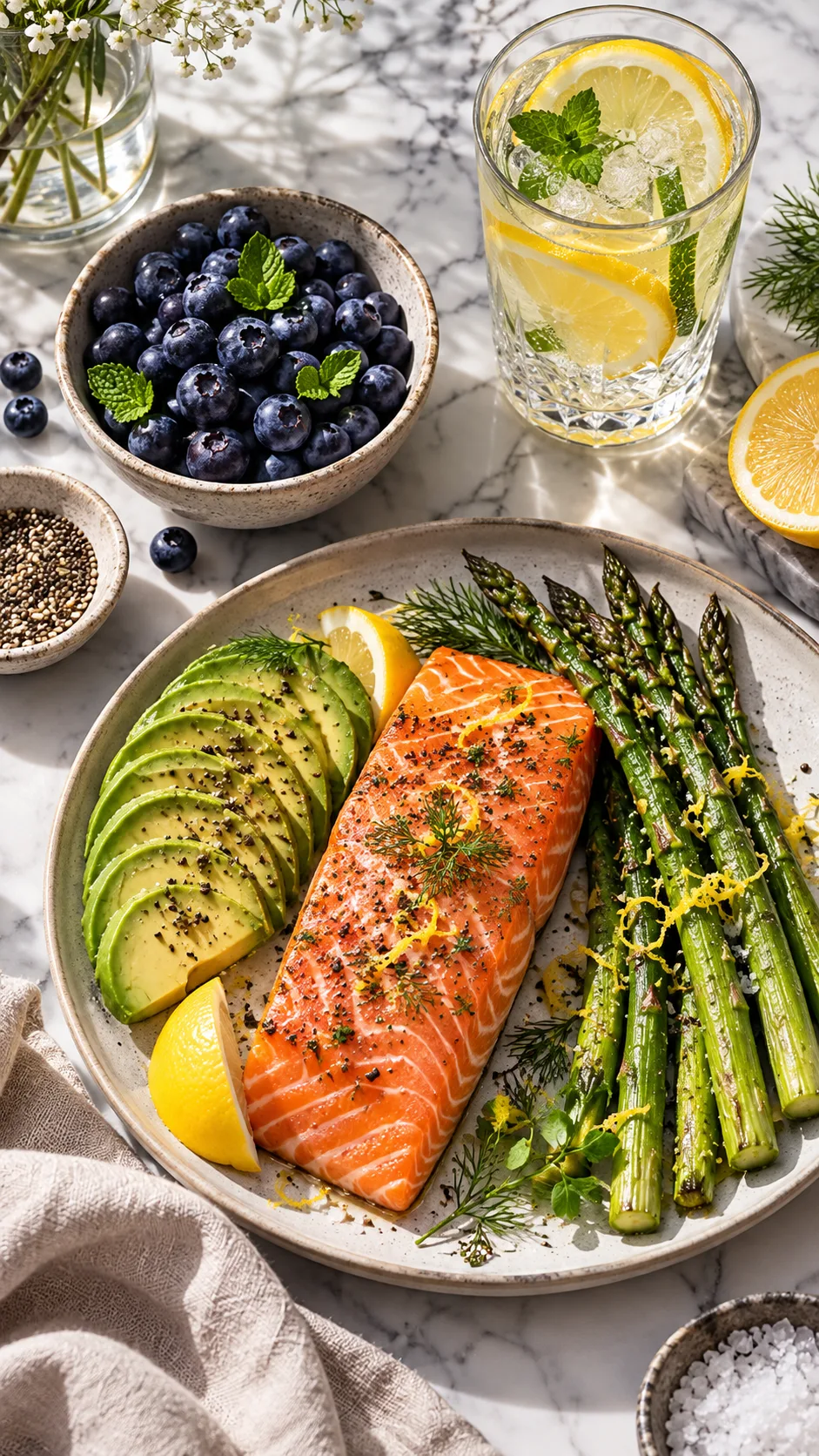 The Model Diet Meal Plan That Keeps Supermodels Lean Without Starving 1 Editorial high-fashion flat lay photography of vibrant, fresh supermodel diet meal ingredients including fresh salmon fillet, sliced avocado, asparagus spears, wild blueberries, and a glass of citrus water on a sleek marble kitchen counter