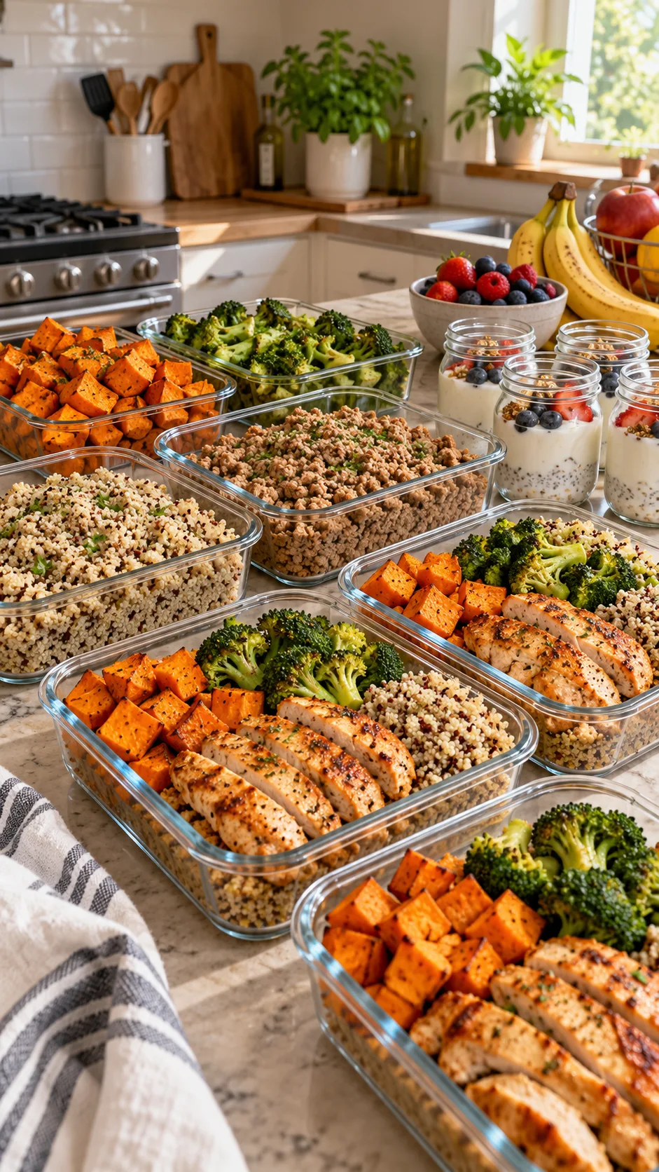 Realistic home kitchen meal prep scene with glass containers of cooked chicken, turkey mince, roasted sweet potatoes, broccoli, quinoa, chopped salad vegetables, Greek yogurt jars and fresh fruit, warm natural lighting, organised but not overly staged