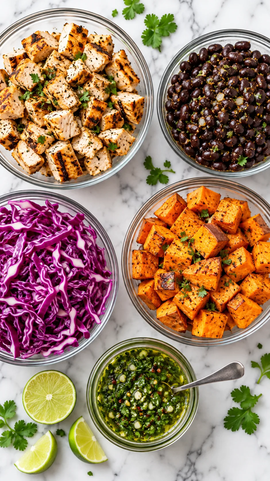 Top-down flat lay view of meal prep ingredients separated into individual glass bowls: diced grilled chicken breast, seasoned black beans, roasted sweet potatoes, shredded red cabbage, and a jar of chimichurri sauce on a clean white marble countertop.