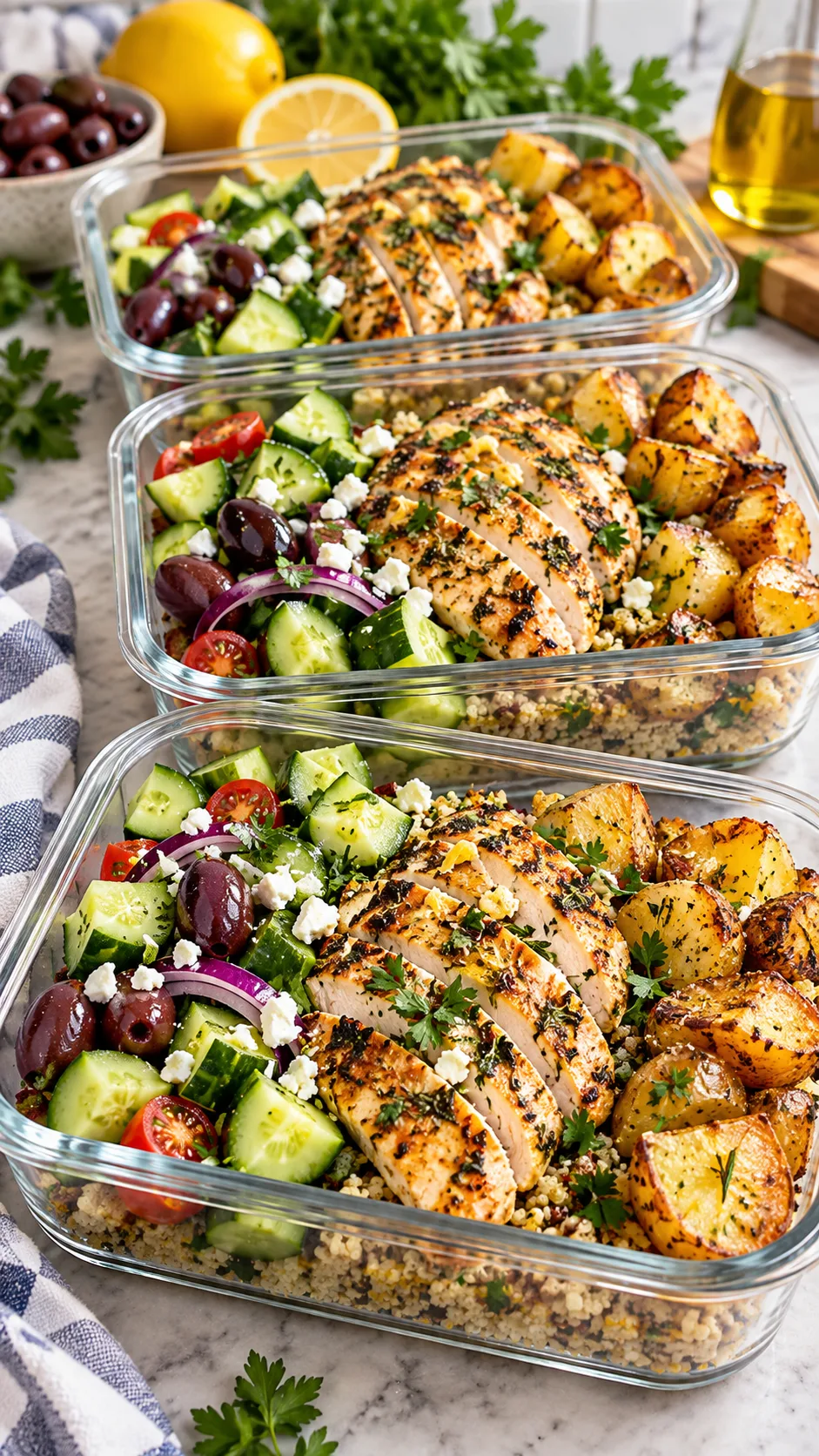 Multiple airtight glass meal prep containers lined up on a counter, filled with vibrant Mediterranean chicken bowls featuring lemon herb chicken, crisp cucumber, kalamata olives, and roasted potatoes.