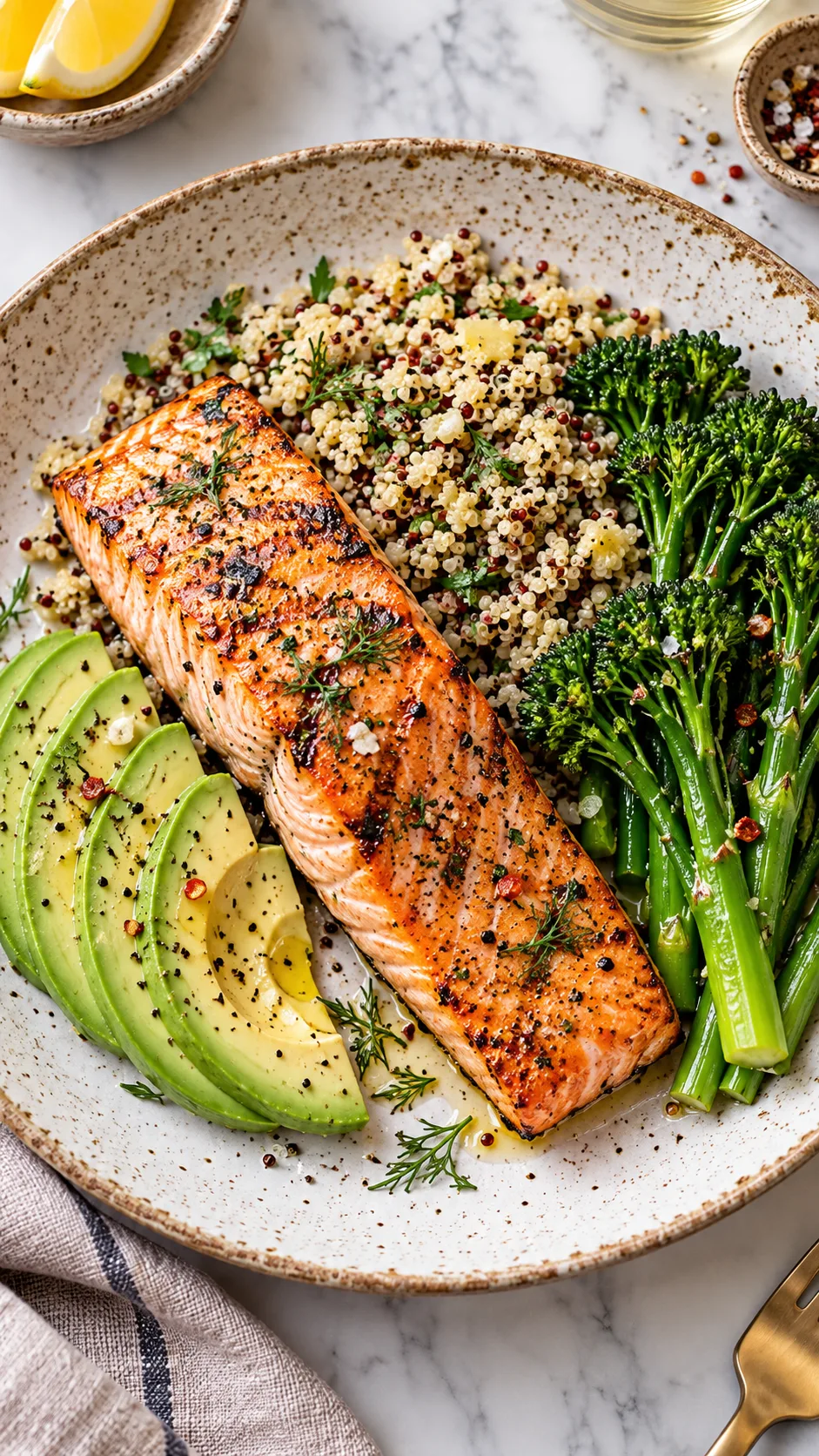 The Model Diet Meal Plan That Keeps Supermodels Lean Without Starving 3 Top-down shot of a gourmet prepared supermodel lunch: grilled wild salmon fillet, quinoa pilaf, steamed broccolini, and avocado slices served on an artisan ceramic plate