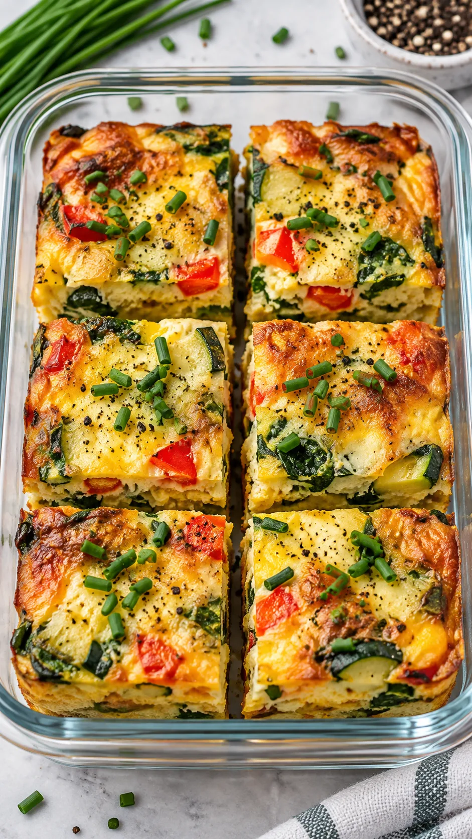 A golden-brown baked vegetable egg frittata cut into neat squares, arranged inside a glass container, garnished with chopped fresh chives and cracked black pepper.