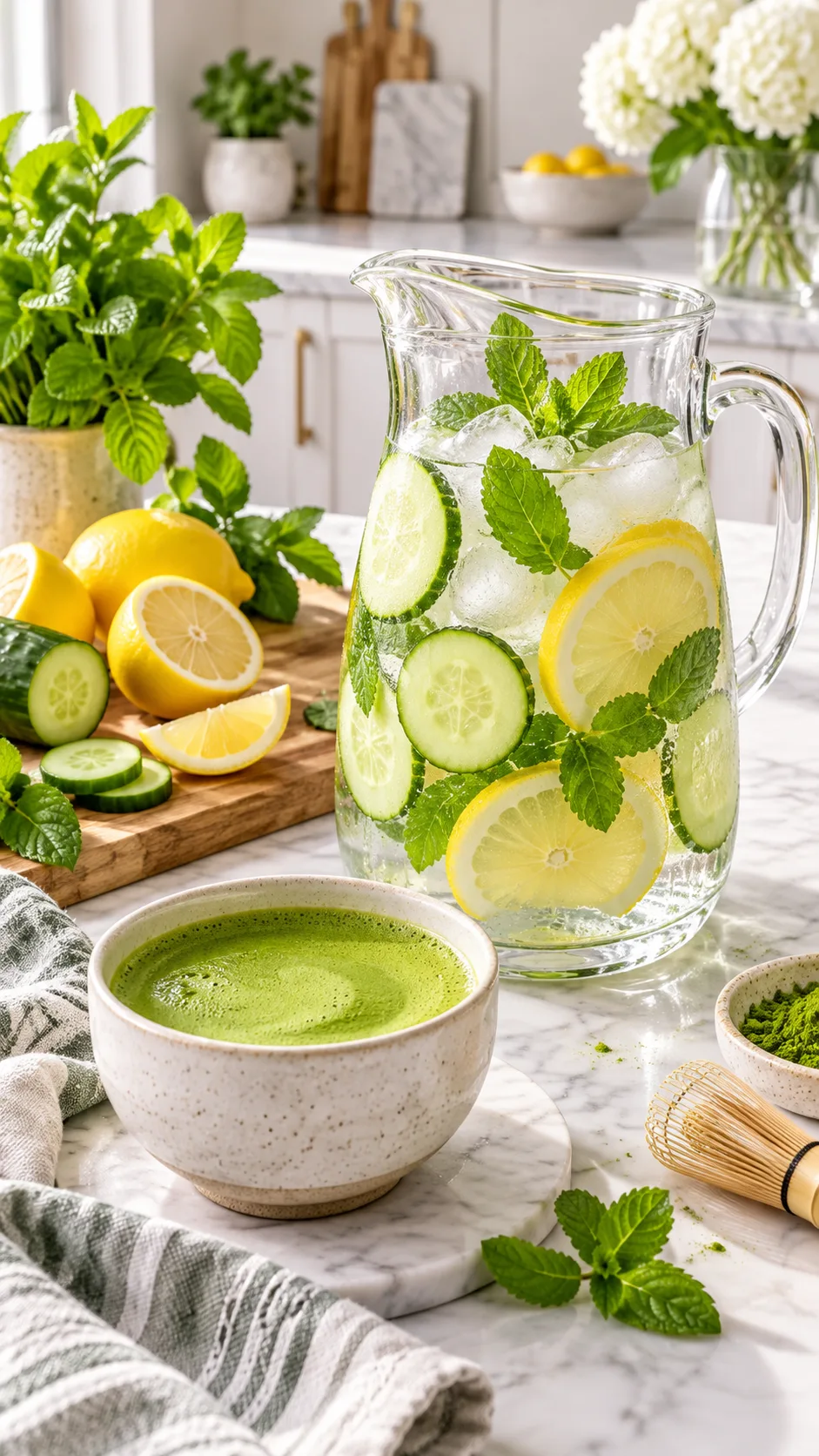 The Model Diet Meal Plan That Keeps Supermodels Lean Without Starving 4 Modern bright kitchen table setting with high-fashion health beverages: glass pitcher of infused cucumber mint water, a cup of matcha green tea, and fresh lemons on a cutting board