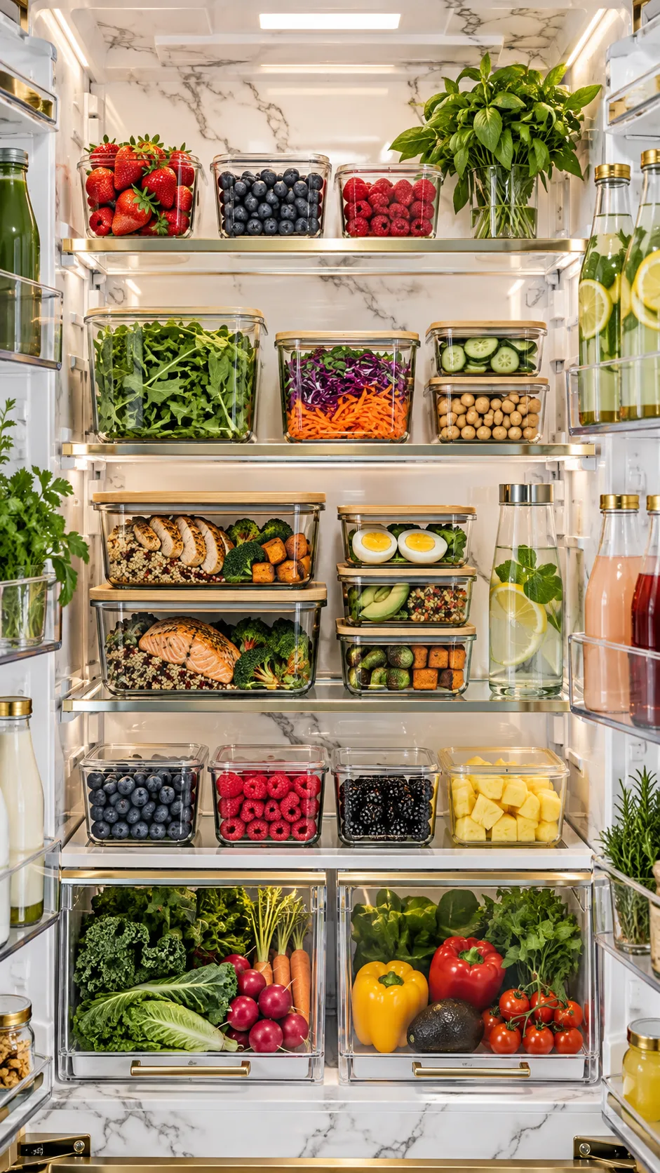 The Model Diet Meal Plan That Keeps Supermodels Lean Without Starving 5 Clean aesthetic view of a luxury marble refrigerator interior neatly organized with glass containers of meal prep, fresh organic berries, greens, and glass beverage bottles
