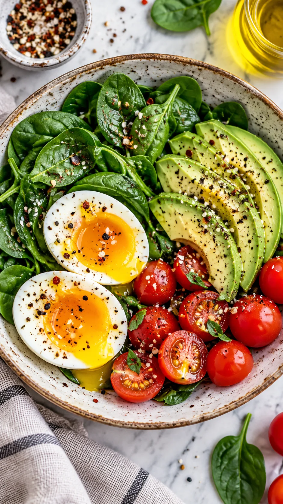 The Egg Diet Plan That Actually Works: Lose Weight Fast Without Starving 1 A clean, vibrant overhead shot of a healthy breakfast bowl featuring two soft-boiled eggs cut in half displaying runny golden yolks, fresh baby spinach, sliced avocado, and cherry tomatoes on a rustic ceramic plate