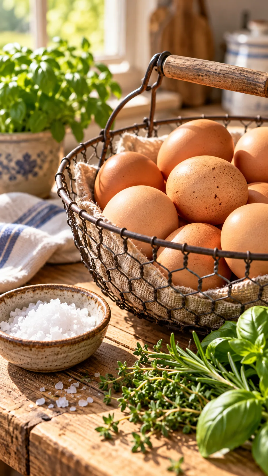 The Egg Diet Plan That Actually Works: Lose Weight Fast Without Starving 3 Close up shot of fresh organic brown eggs in a rustic wire basket sitting on a sunlit wooden kitchen table alongside fresh herbs and sea salt