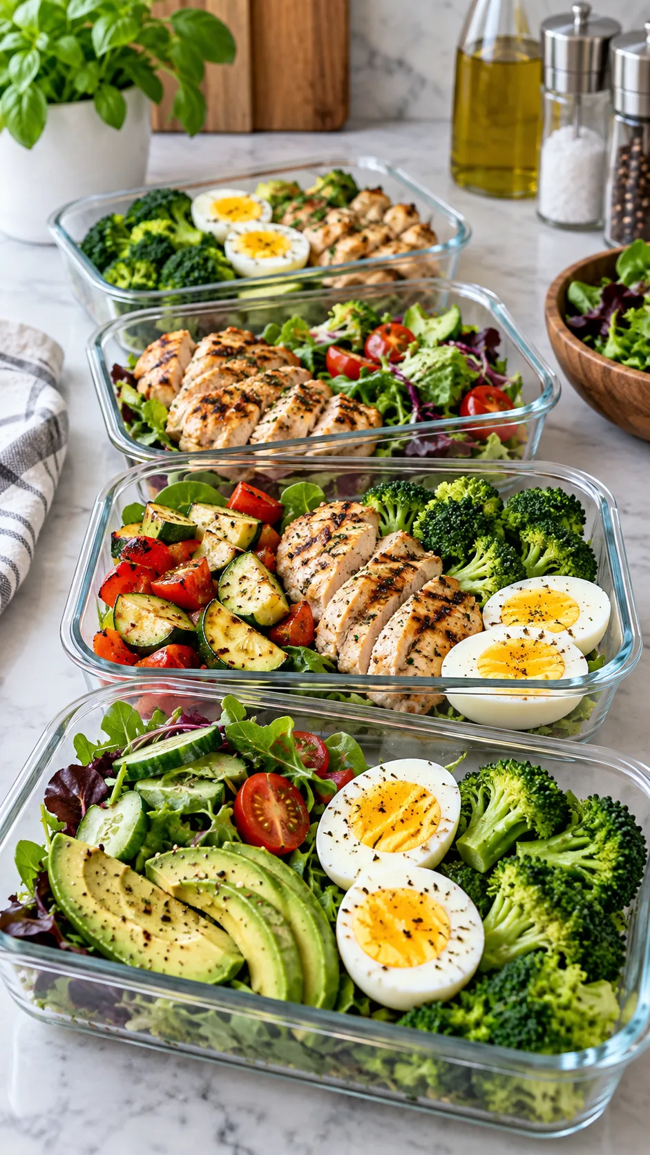 The Egg Diet Plan That Actually Works: Lose Weight Fast Without Starving 4 Meal prep containers aligned on a kitchen counter displaying colorful low-carb meals with hard boiled eggs, grilled chicken breast, broccoli, and mixed greens