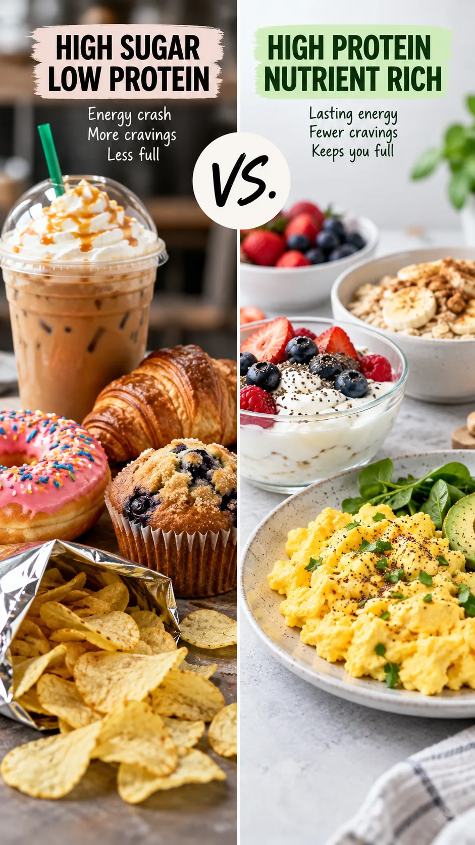 The Diet Plan for Belly Fat Loss That Actually Works When Nothing Else Has 2 Split-screen realistic food photography comparing a sugary coffee drink, pastries and chips on one side with high protein breakfast eggs, Greek yogurt, berries and oatmeal on the other, clean editorial nutrition comparison composition