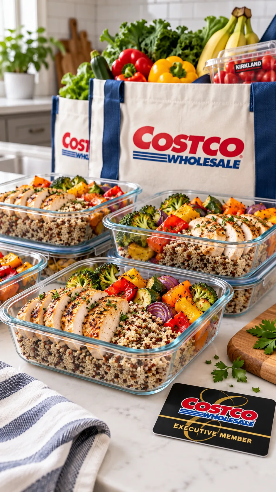 Costco Meal Prep That Cuts Your Weekly Cooking Time in Half 1 A clean kitchen counter showing glass meal prep containers filled with colorful chicken, quinoa, and roasted vegetables next to a Costco membership card and reusable grocery bags