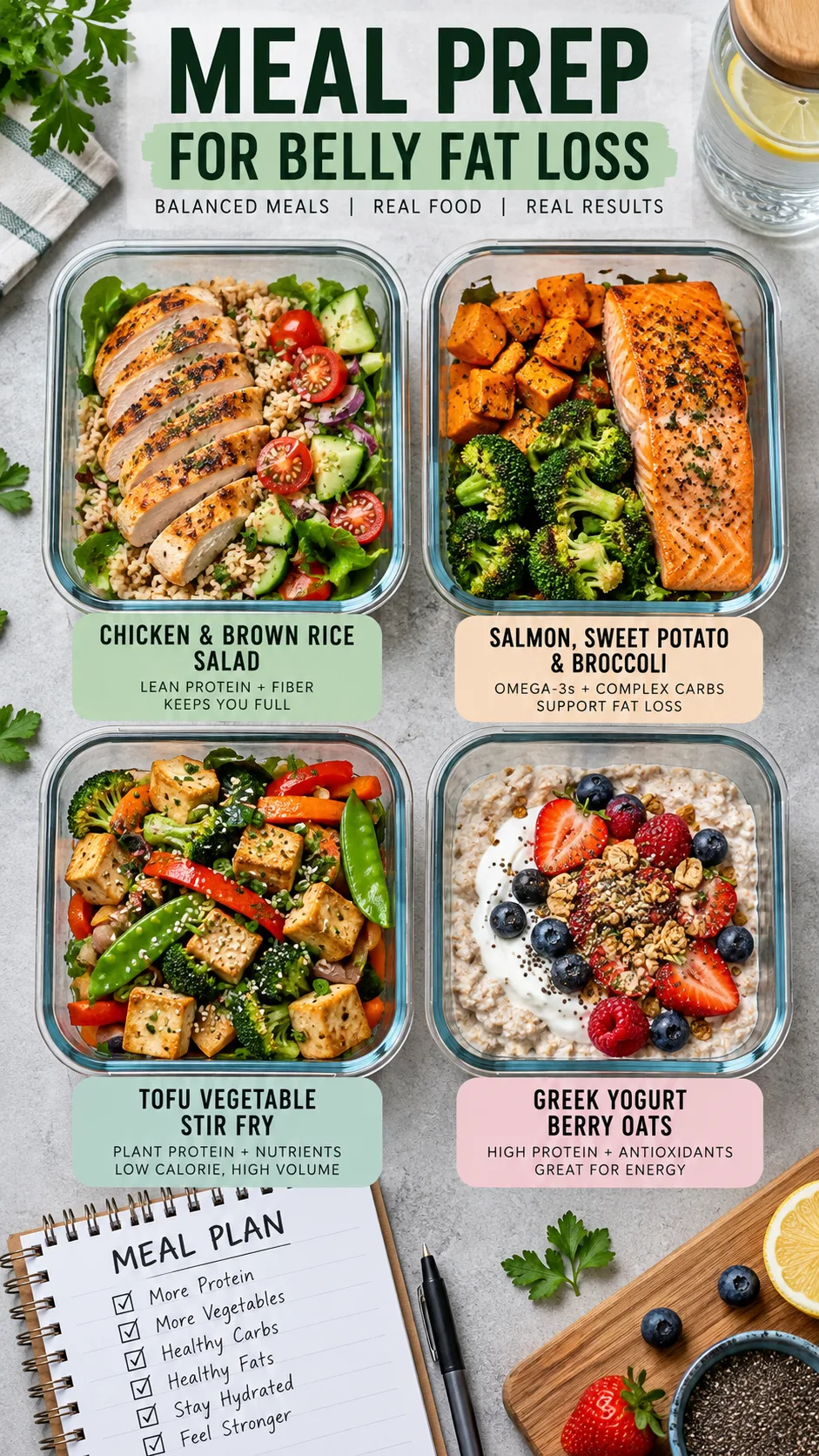 The Diet Plan for Belly Fat Loss That Actually Works When Nothing Else Has 3 Overhead realistic meal prep photography showing four balanced containers for belly fat loss: chicken and brown rice salad, salmon with sweet potato and broccoli, tofu vegetable stir fry, Greek yogurt berry oats breakfast, clean meal planning layout