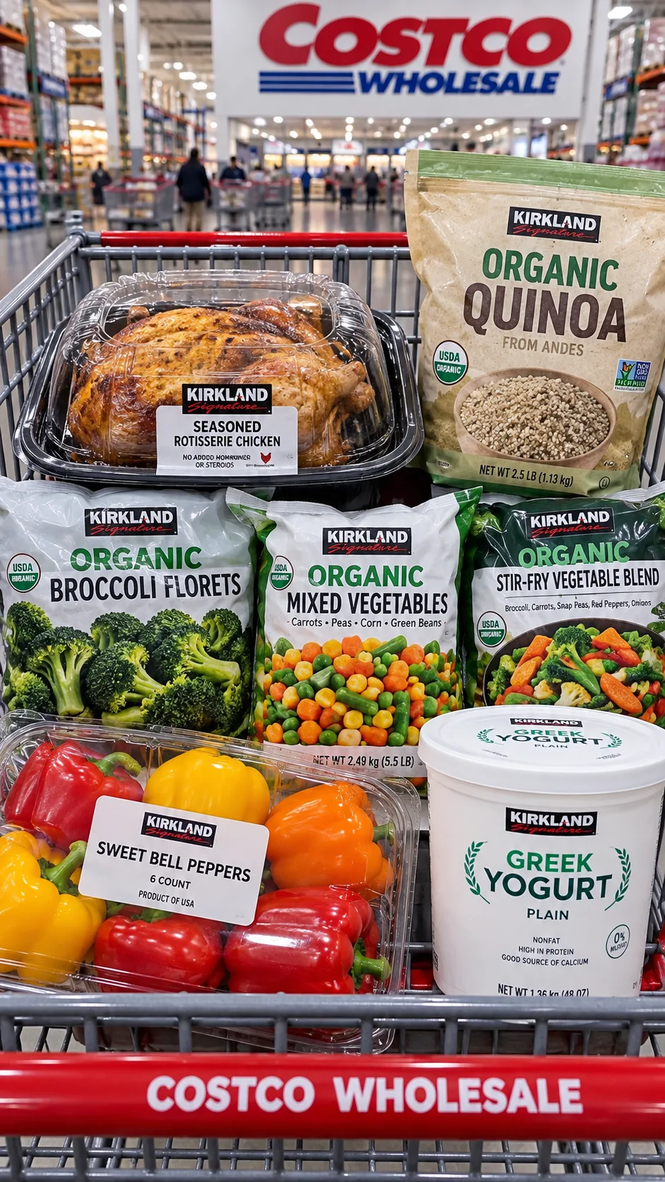 Costco Meal Prep That Cuts Your Weekly Cooking Time in Half 2 A Costco shopping cart neatly organized with a rotisserie chicken, Kirkland organic quinoa, bags of frozen vegetables, bell peppers, and Greek yogurt