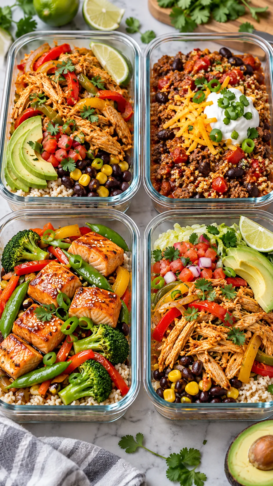 Costco Meal Prep That Cuts Your Weekly Cooking Time in Half 3 Four different prepared meals in glass meal prep containers featuring shredded chicken fajita bowls, ground beef quinoa chili, and a vibrant salmon stir fry