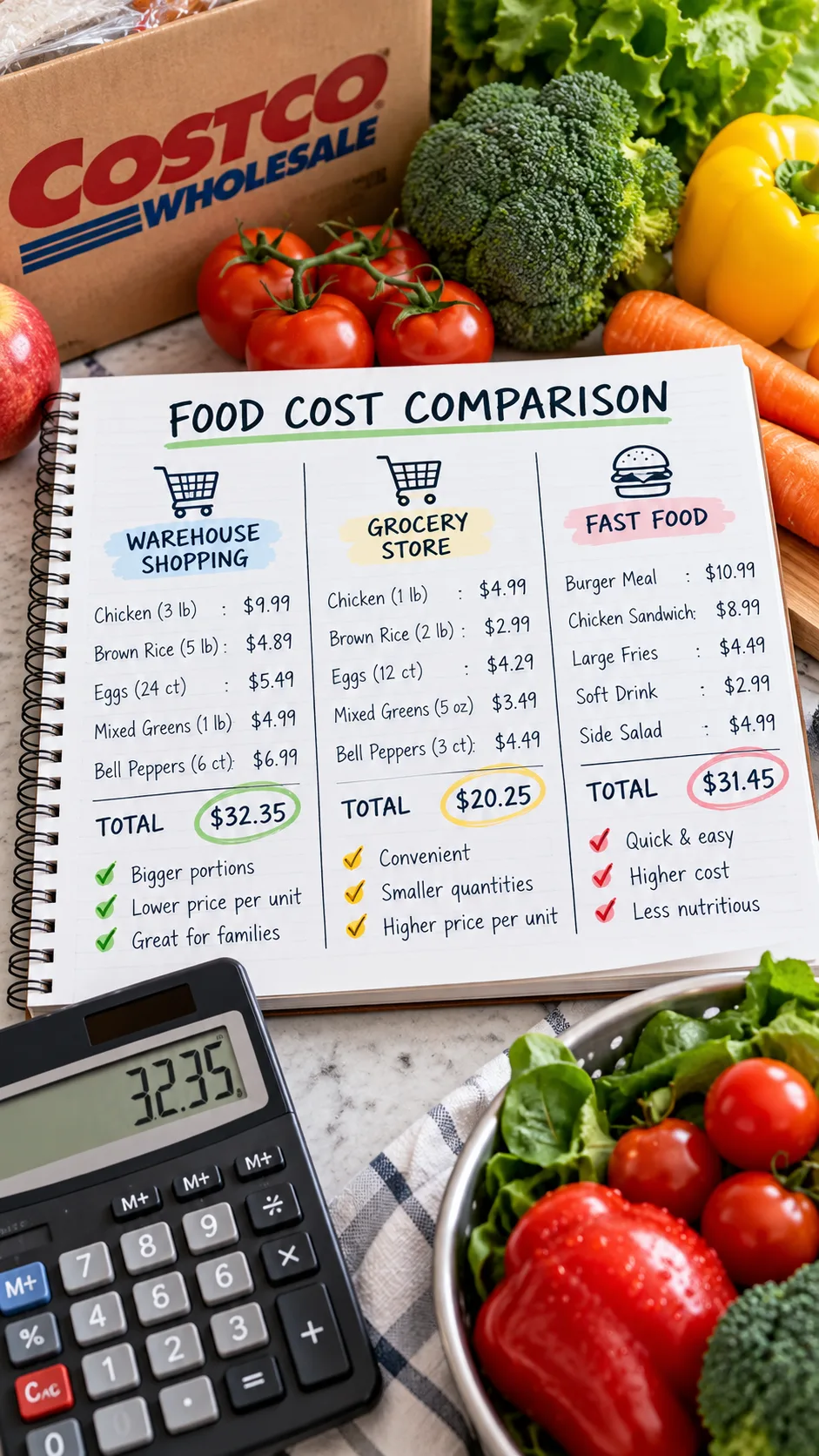 Costco Meal Prep That Cuts Your Weekly Cooking Time in Half 4 A financial breakdown notebook showing cost comparisons between warehouse shopping, grocery stores, and fast food next to a calculator and fresh vegetables