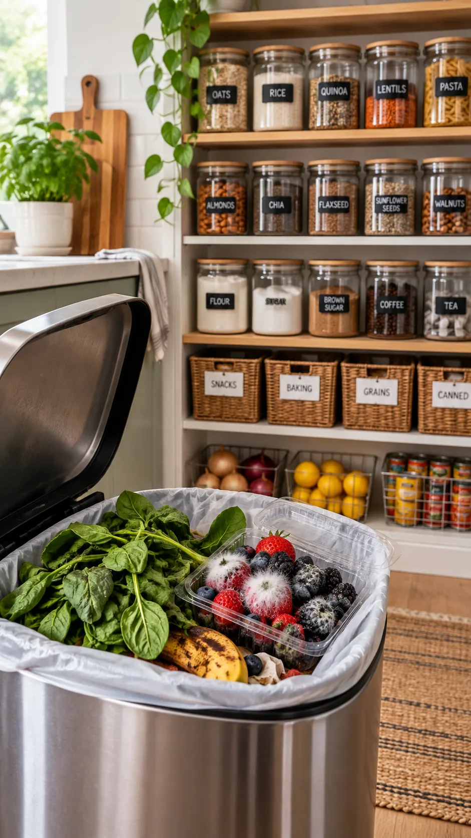Costco Meal Prep That Cuts Your Weekly Cooking Time in Half 5 A kitchen trash can with spoiled spinach and moldy berries illustrating grocery shopping mistakes, balanced by organized pantry shelves in the background
