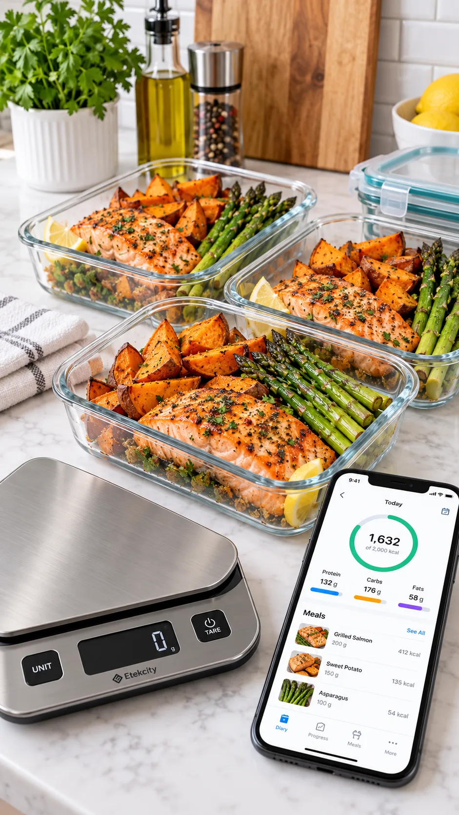 A clean kitchen counter showing modern glass meal prep containers filled with roasted salmon, sweet potato wedges, and bright green asparagus next to a digital food scale and a smartphone displaying a fitness tracking app
