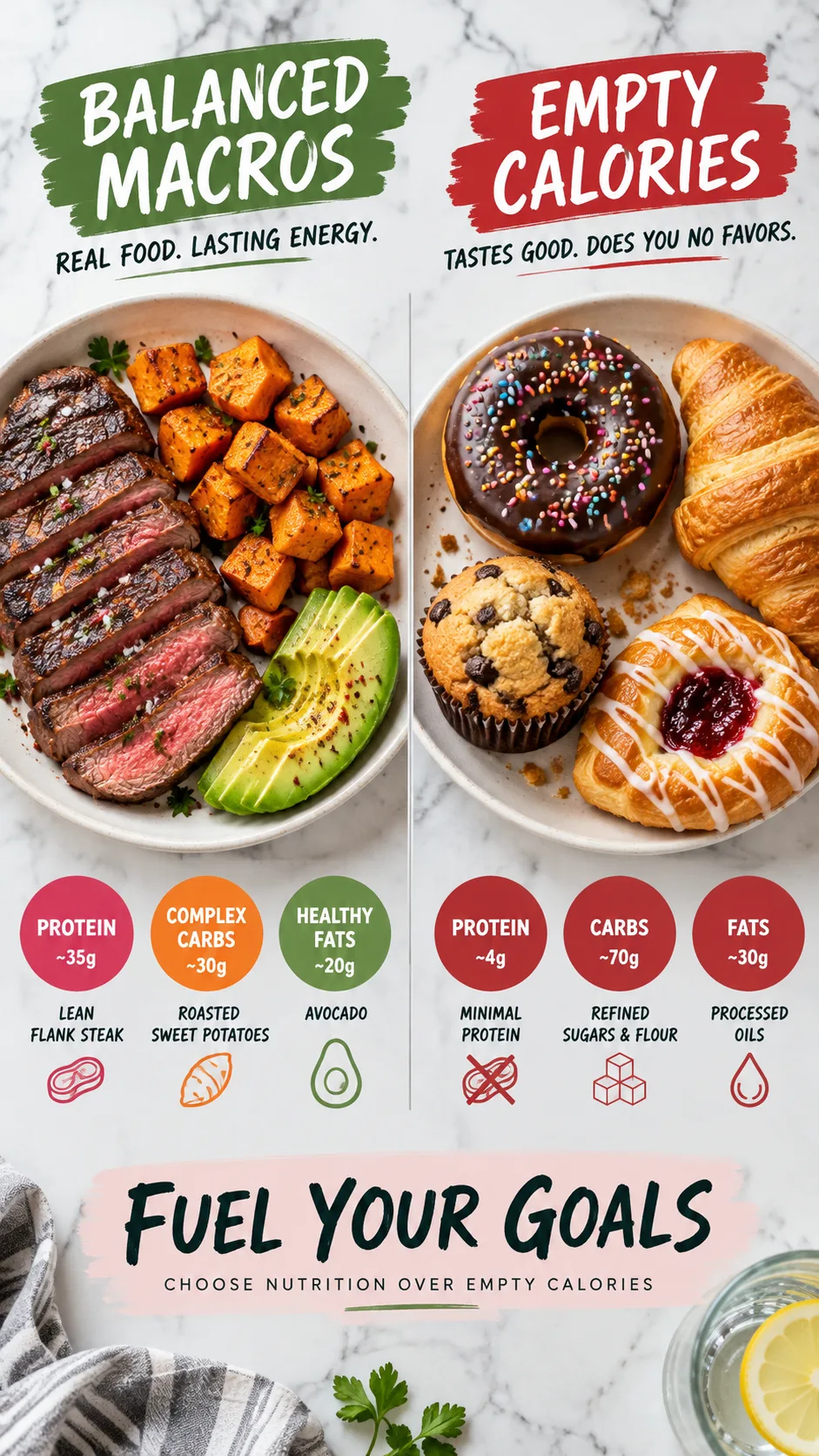 Infographic-style overhead photo comparing two clean white plates: one plate showing lean flank steak, roasted sweet potatoes, and avocado, the other plate showing processed pastries, illustrating balanced macros versus empty calories