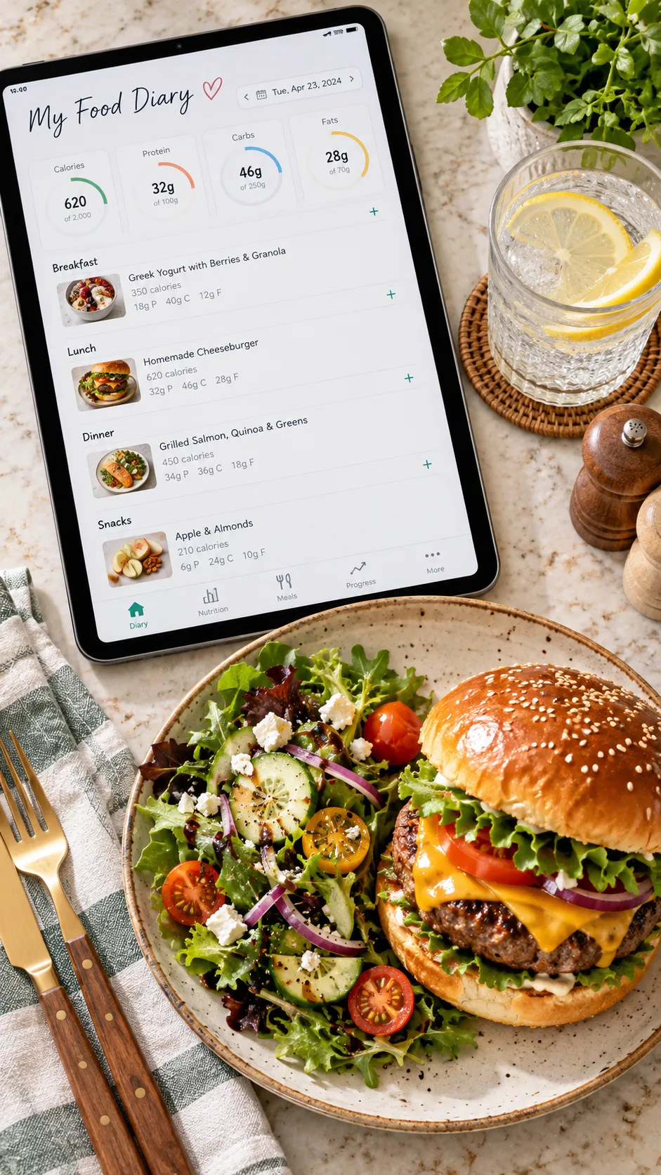 A flat-lay photograph showing an open digital food diary on an iPad next to a plate featuring a homemade artisanal cheeseburger alongside a colorful crisp green salad