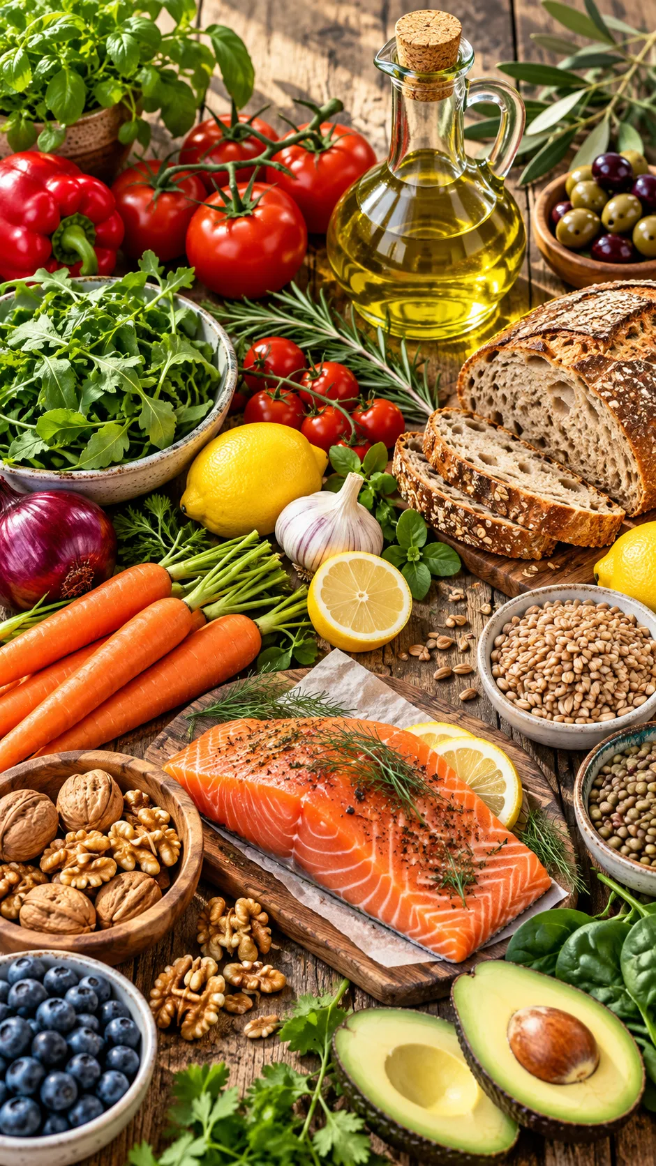 The Mediterranean Diet Pyramid Decoded: What to Eat Daily, Weekly & Rarely 1 A vibrant, sunlit flat-lay of the Mediterranean diet pyramid ingredients on a rustic wooden table: fresh vegetables, leafy greens, a glass bottle of golden extra virgin olive oil, whole grain sourdough bread, wild salmon fillet, lemons, and walnuts.
