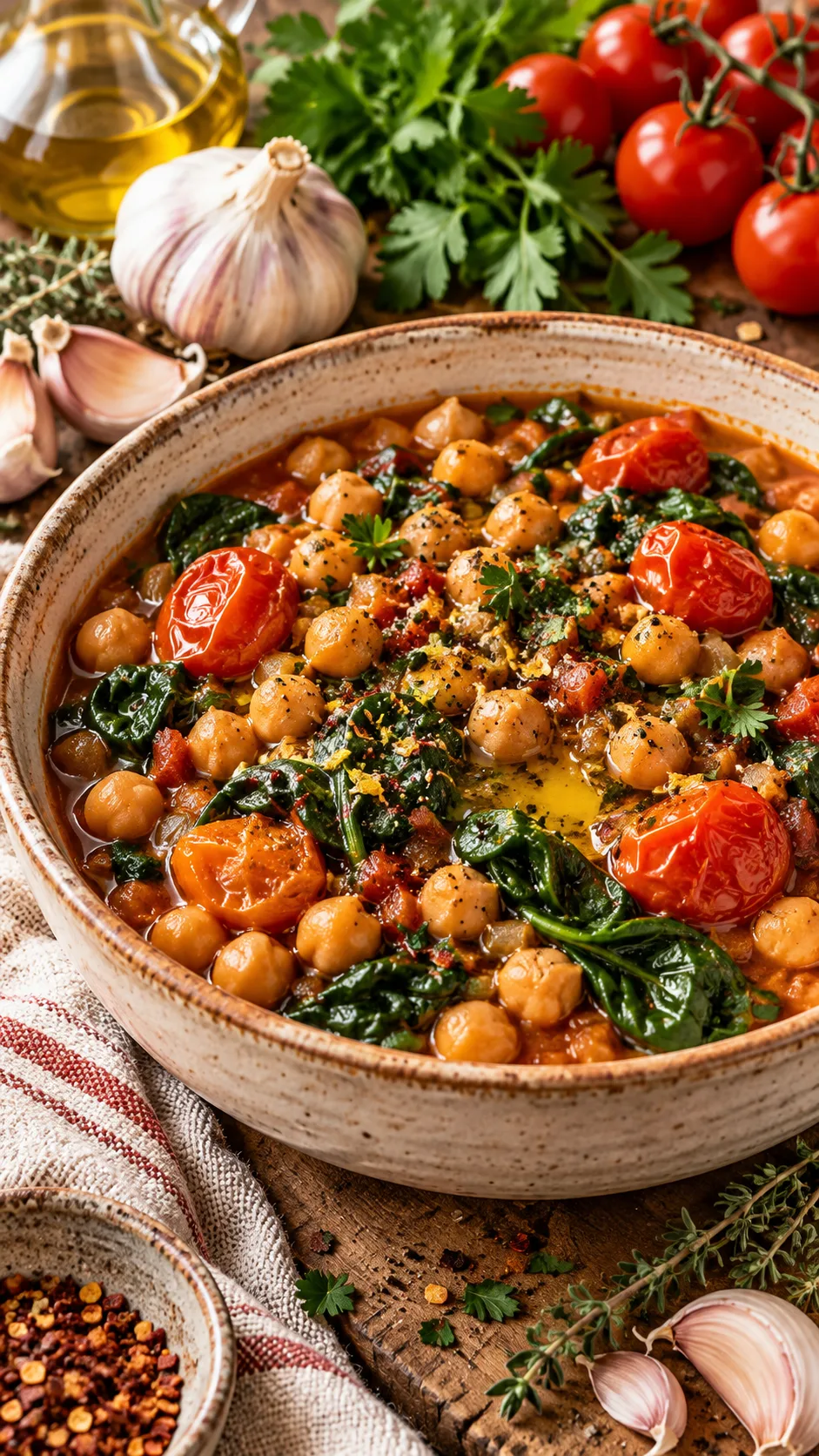 The Mediterranean Diet Pyramid Decoded: What to Eat Daily, Weekly & Rarely 3 A warm ceramic bowl filled with Mediterranean chickpea stew, wilted spinach, roasted cherry tomatoes, drizzled with olive oil, surrounded by whole garlic bulbs and fresh herbs.