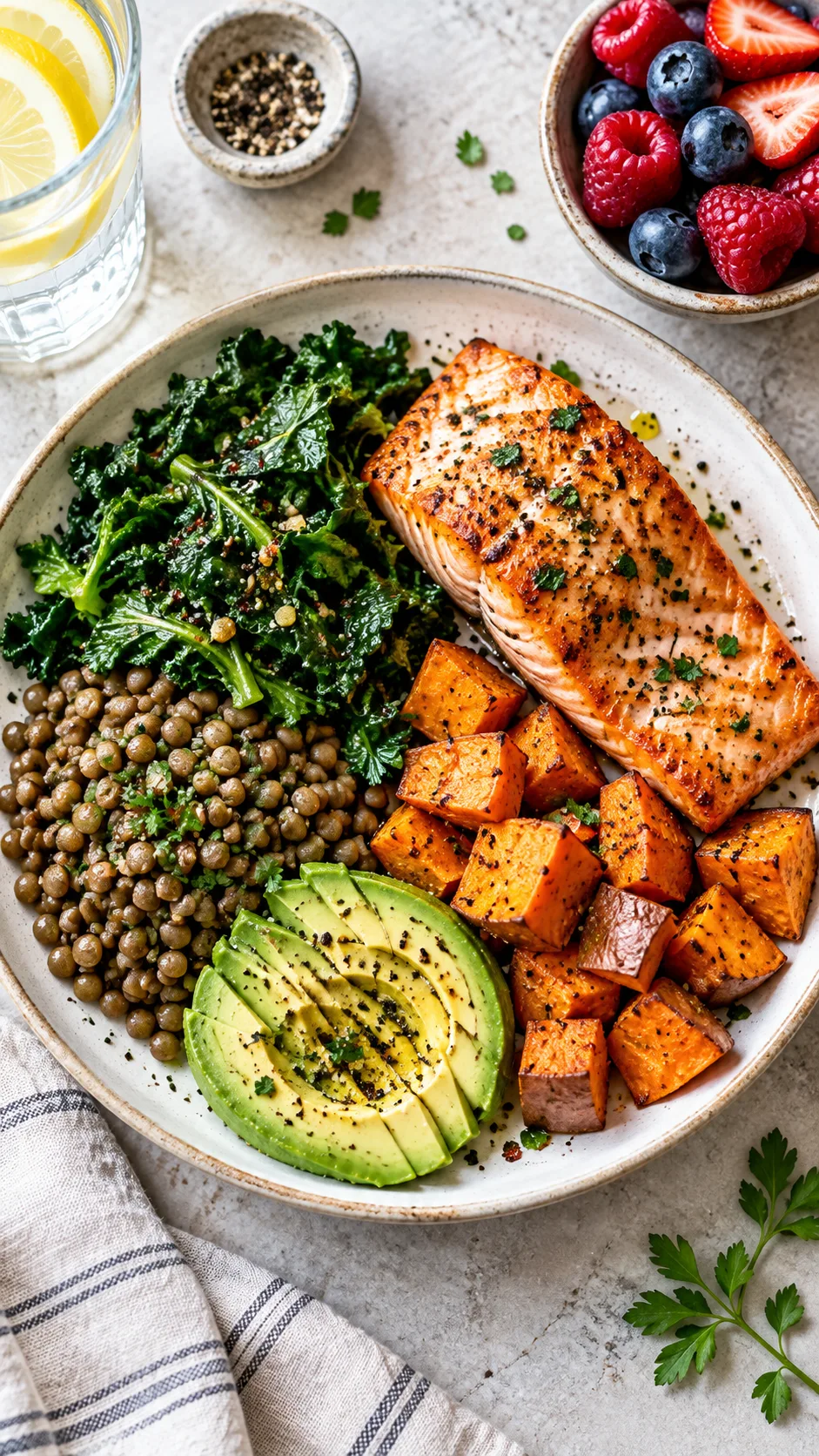 The Candida Diet Mistakes That Keep Your Gut Stuck in a Yeast Cycle 3 Overhead realistic food photography of a balanced gut-friendly meal plate with grilled salmon, roasted sweet potato, sautéed greens, lentils, avocado, and a small bowl of berries, clean natural light, nutrition editorial style