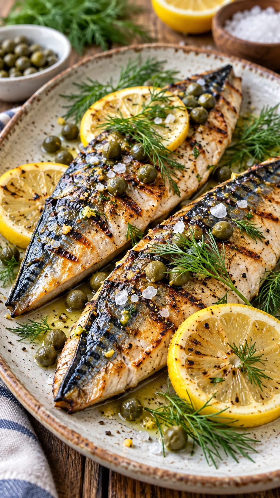 The Mediterranean Diet Pyramid Decoded: What to Eat Daily, Weekly & Rarely 4 A culinary close-up of two grilled wild mackerel fillets on a ceramic platter, garnished with lemon wheels, fresh dill, capers, and sea salt flakes.