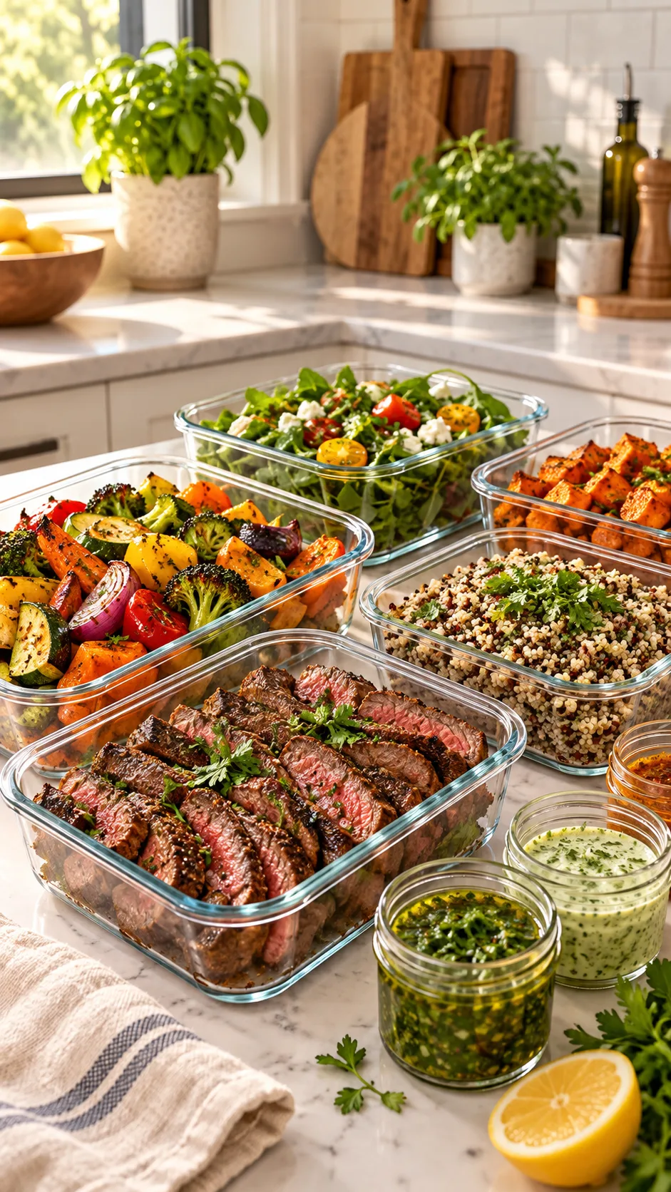 The Meal Prep Dinner Ideas That Actually Save You an Hour Every Night 1 A clean, modern kitchen counter with five glass meal prep containers showing vibrant, colorful prepped dinner components including seared steak strips, roasted rainbow vegetables, fresh herb sauces in small jars, and cooked quinoa, warm natural window lighting