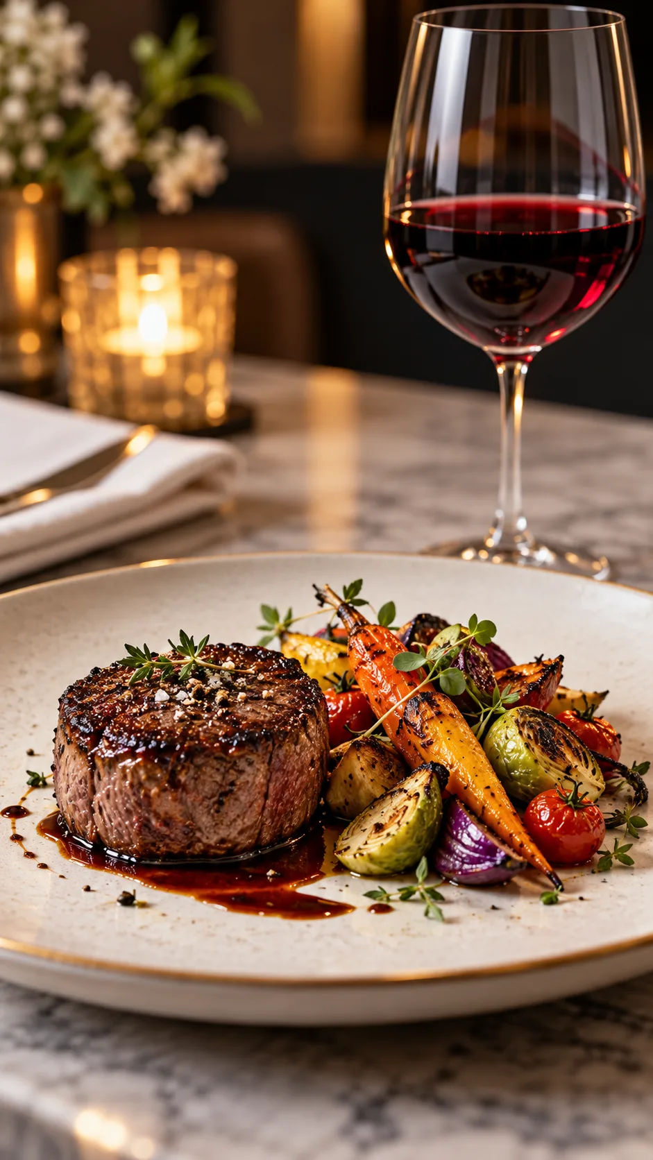 The Mediterranean Diet Pyramid Decoded: What to Eat Daily, Weekly & Rarely 5 A fine dining minimalist setting with a small, perfectly seared grass-fed beef medallion next to a vibrant heap of roasted vegetables and a delicate single glass of red wine.