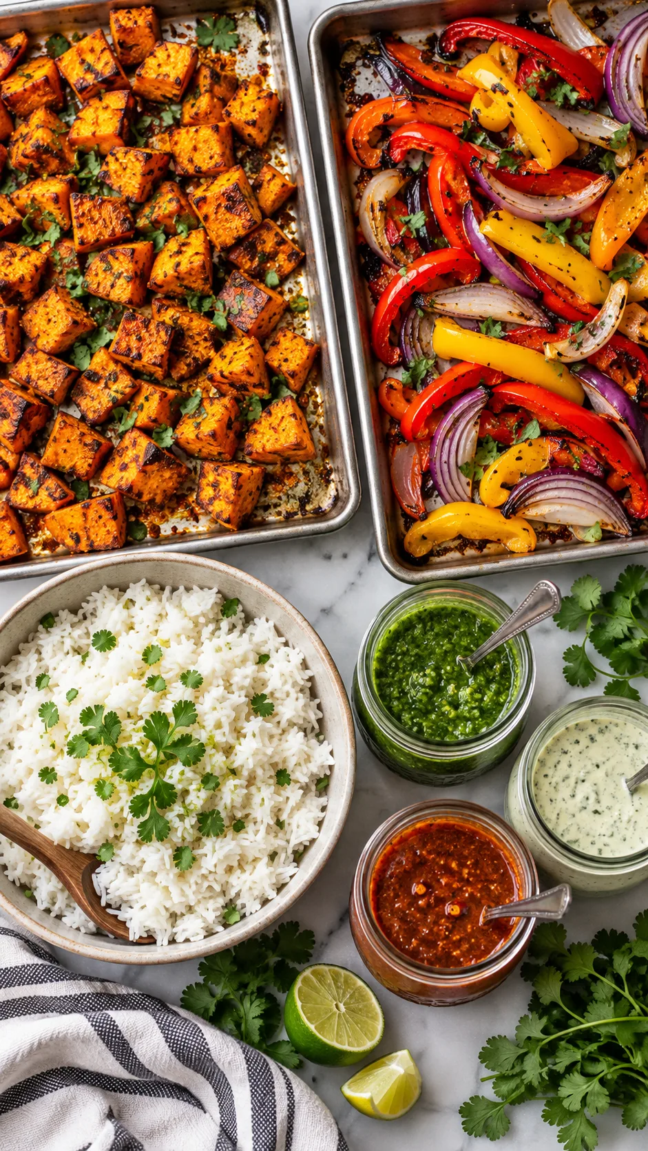 The Meal Prep Dinner Ideas That Actually Save You an Hour Every Night 2 Top-down flat lay view of a modern meal prep spread: stainless steel baking sheet with roasted spiced sweet potatoes, another tray with blistered bell peppers and onions, a bowl of fluffy jasmine rice, and three distinct homemade sauces in glass mason jars