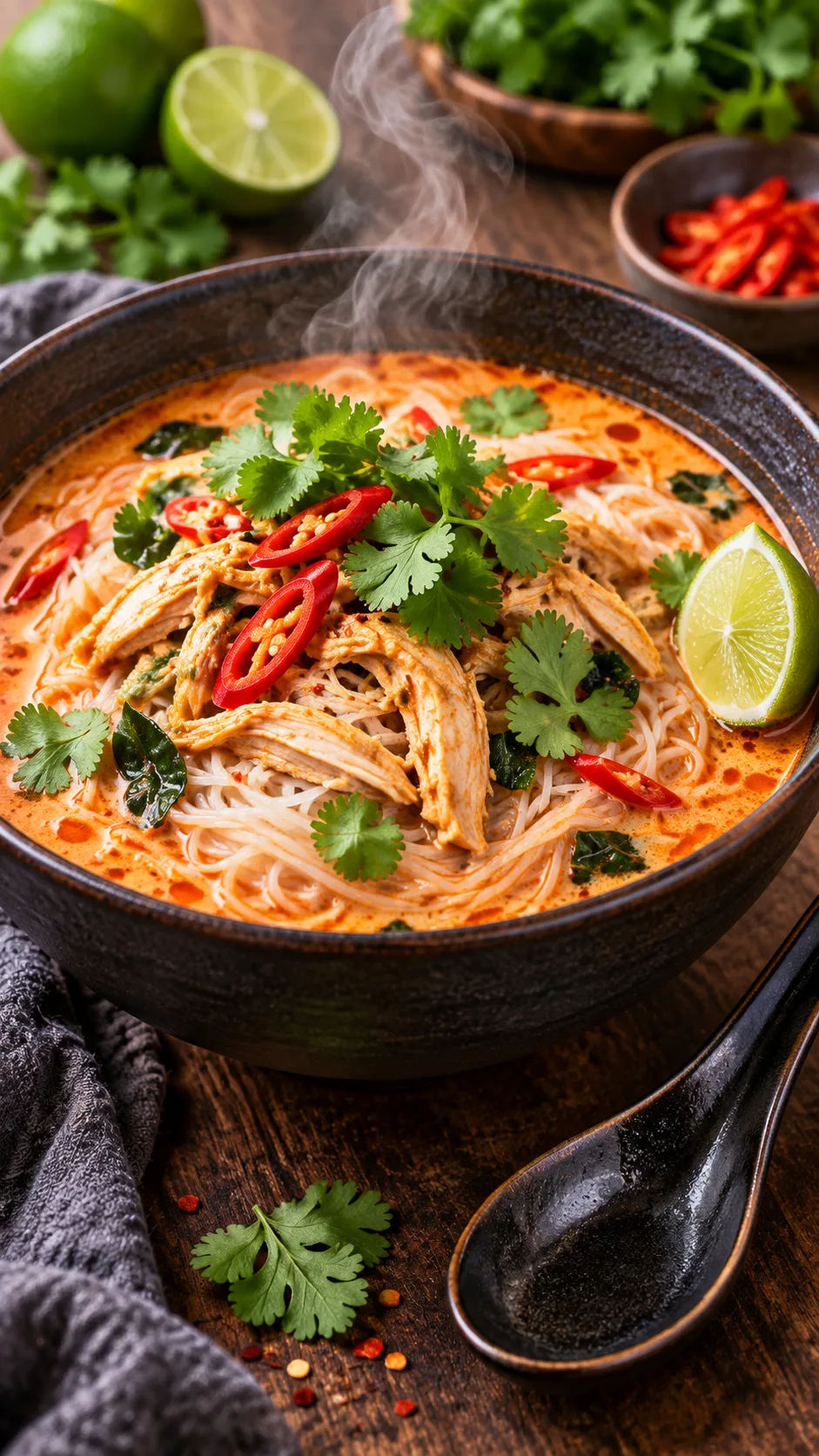 The Meal Prep Dinner Ideas That Actually Save You an Hour Every Night 3 A steaming bowl of Thai coconut red curry noodles with shredded chicken, rice vermicelli, fresh red chili slices, bright green cilantro leaves, and a lime wedge sitting beside a sleek dark ceramic spoon