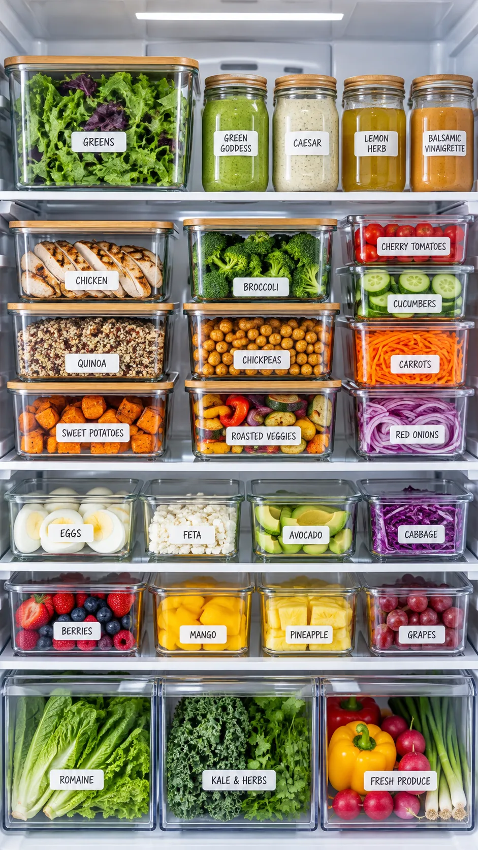 The Meal Prep Dinner Ideas That Actually Save You an Hour Every Night 4 Neatly organized modern refrigerator interior filled with clear borosilicate glass containers holding prepped meal components, labeled glass jars with dressings, and fresh crisp greens on display