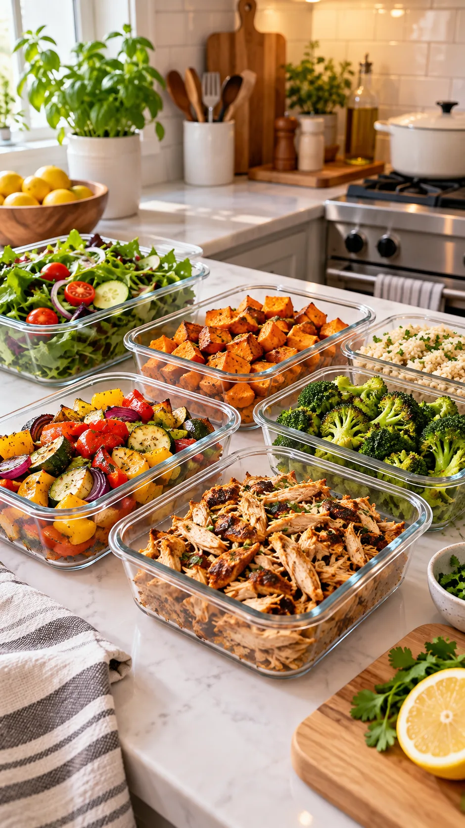 The Family Weekly Meal Plan That Actually Survives a Busy Week 1 A warm, bright kitchen counter with glass meal prep containers filled with roasted vegetables, seasoned shredded meat, and fresh greens, showing an organized family dinner setup