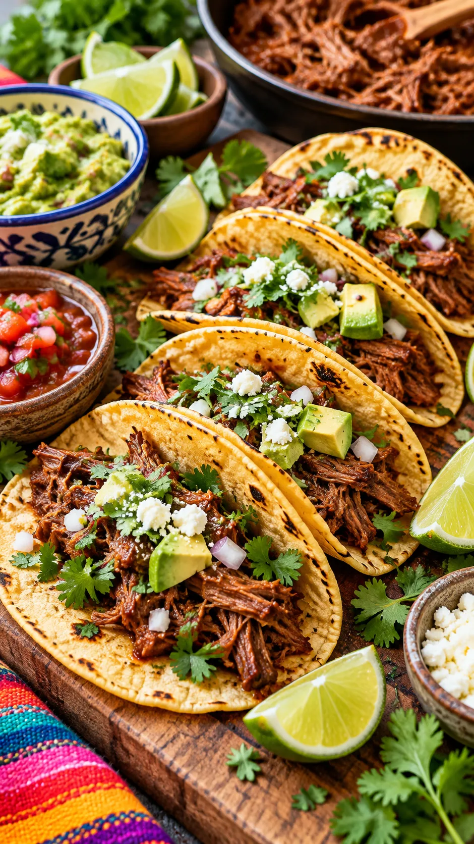The Family Weekly Meal Plan That Actually Survives a Busy Week 2 A vibrant spread of weeknight Mexican tacos made with shredded slow-cooked meat, fresh avocado, lime wedges, and cilantro on small corn tortillas