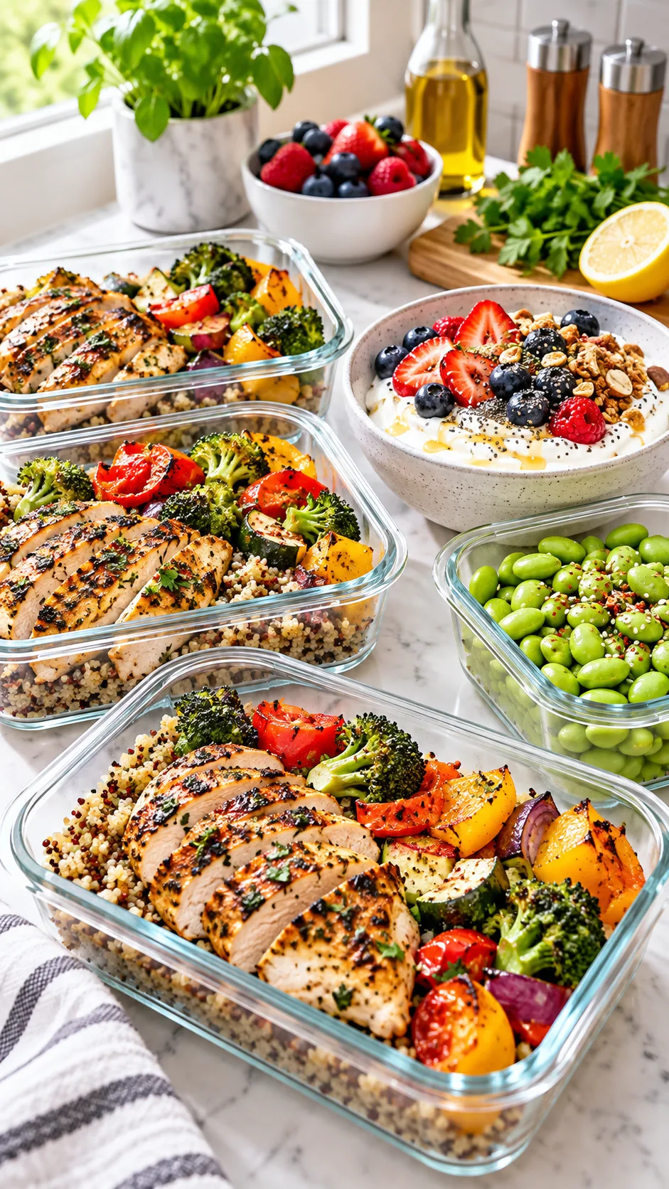 The High-Protein 1300 Calorie Meal Plan That Actually Keeps You Full All Day 1 A vibrant, delicious spread of high-protein meals in meal prep glass containers on a bright modern kitchen counter, featuring grilled herb chicken breast, colorful roasted vegetables, steamed edamame, and a fluffy Greek yogurt bowl with berries, shot in bright natural daylight.