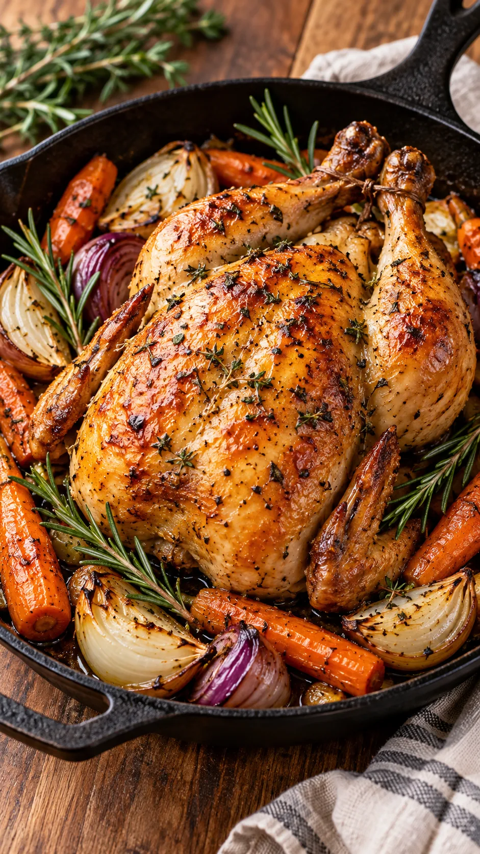 The Family Weekly Meal Plan That Actually Survives a Busy Week 3 A golden roasted whole chicken surrounded by caramelized carrots, roasted onion wedges, and rosemary sprigs in a cast-iron skillet