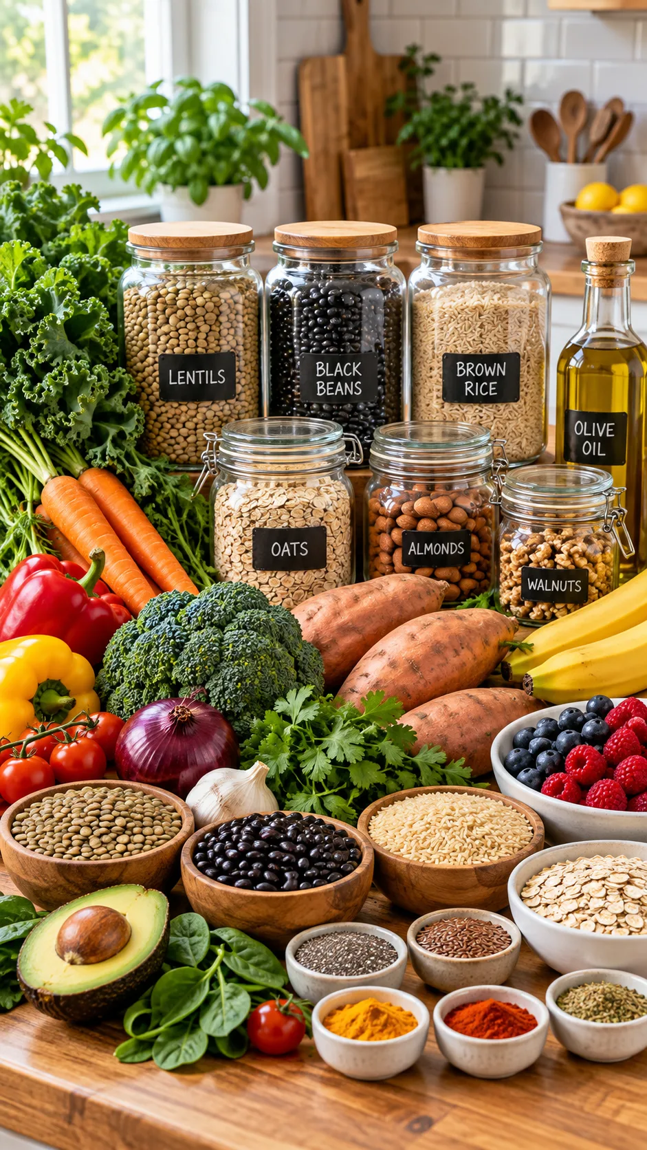 21 Days of Daniel Fast Recipes: The Complete Meal Plan That Makes Fasting Feel Easy 1 Bright natural-light food photography of a Daniel Fast pantry on a wooden kitchen counter, featuring dry lentils, black beans, brown rice, oats, sweet potatoes, fresh vegetables, bananas, berries, herbs, spices, olive oil and jars of nuts, realistic home kitchen, warm inviting colours