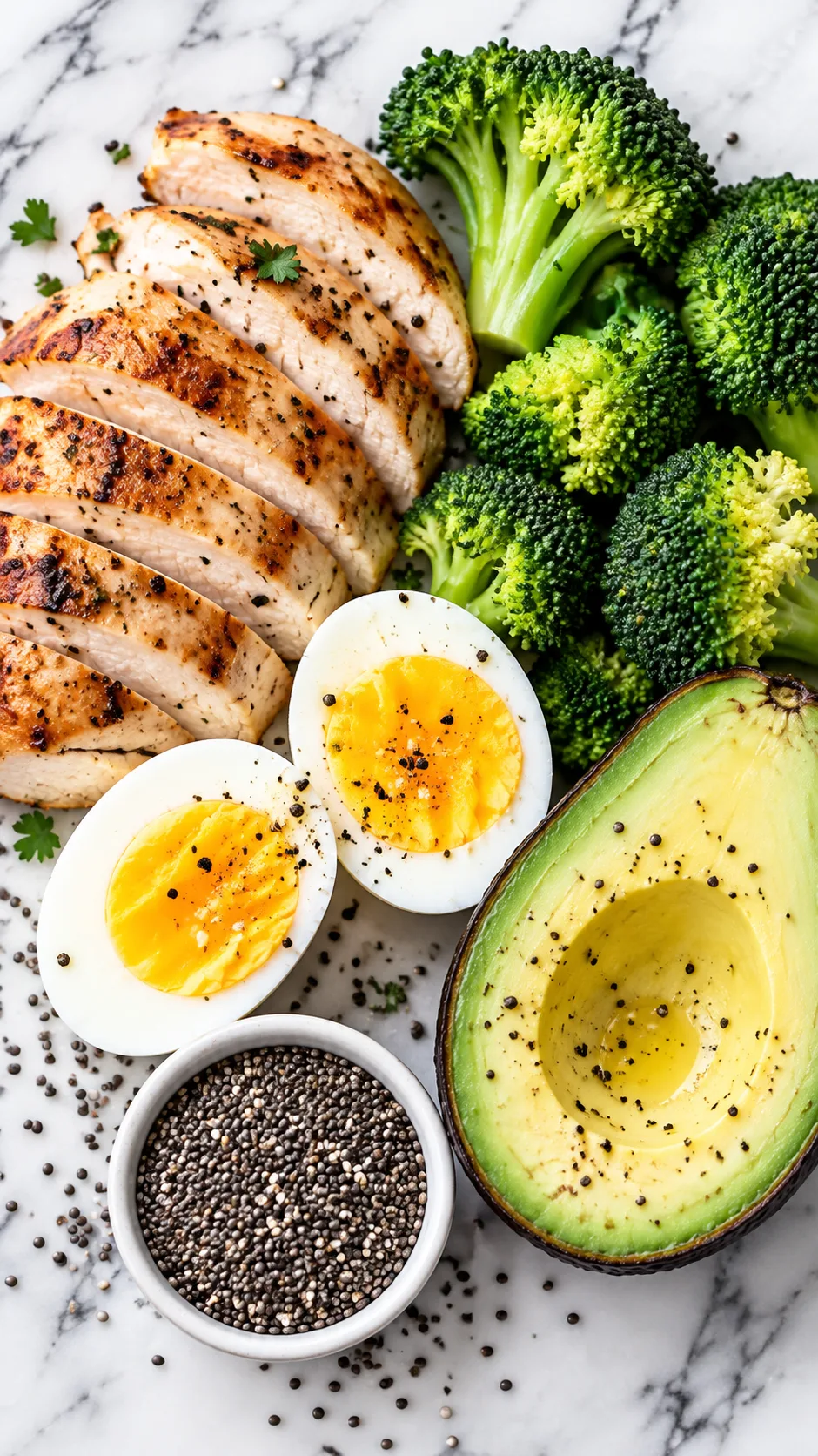 The High-Protein 1300 Calorie Meal Plan That Actually Keeps You Full All Day 2 Close-up overhead flat-lay shot of balanced healthy meal components: sliced cooked chicken breast, boiled eggs, fresh broccoli florets, chia seeds, and half an avocado artfully arranged on a clean white marble background.