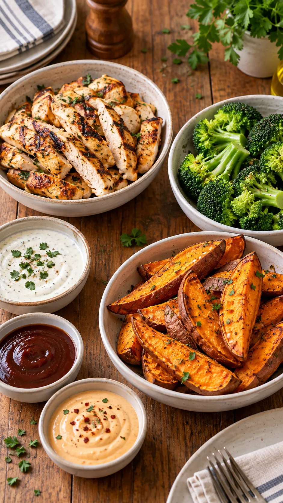 The Family Weekly Meal Plan That Actually Survives a Busy Week 4 A wooden dining table with a deconstructed meal layout showing small bowls of grilled chicken strips, steamed broccoli florets, sweet potato wedges, and dipping sauces