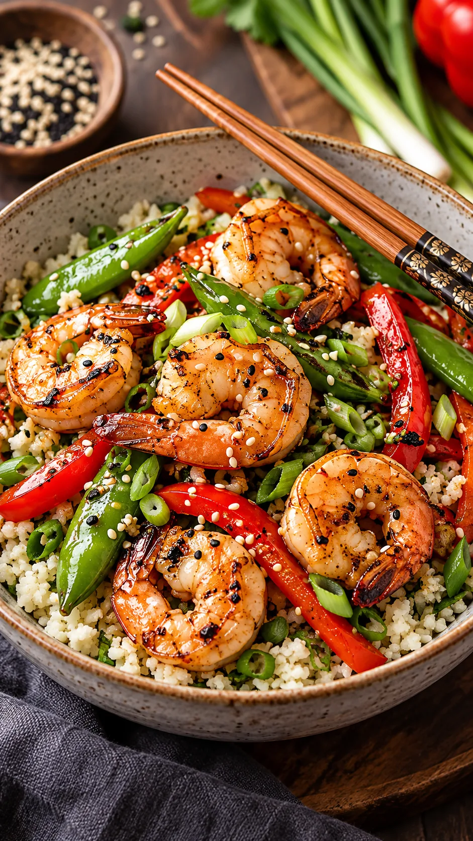 The High-Protein 1300 Calorie Meal Plan That Actually Keeps You Full All Day 3 A bowl of cauliflower rice loaded with grilled jumbo shrimp, sauteed red bell peppers, snap peas, and scallions, garnished with toasted sesame seeds and chopsticks resting across the ceramic bowl.