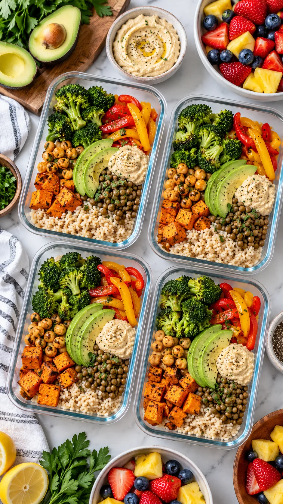 21 Days of Daniel Fast Recipes: The Complete Meal Plan That Makes Fasting Feel Easy 3 Overhead realistic food photography of Daniel Fast meal prep containers with brown rice, roasted sweet potato cubes, chickpeas, lentils, broccoli, bell peppers, fresh fruit, hummus and avocado, organised on a bright kitchen table